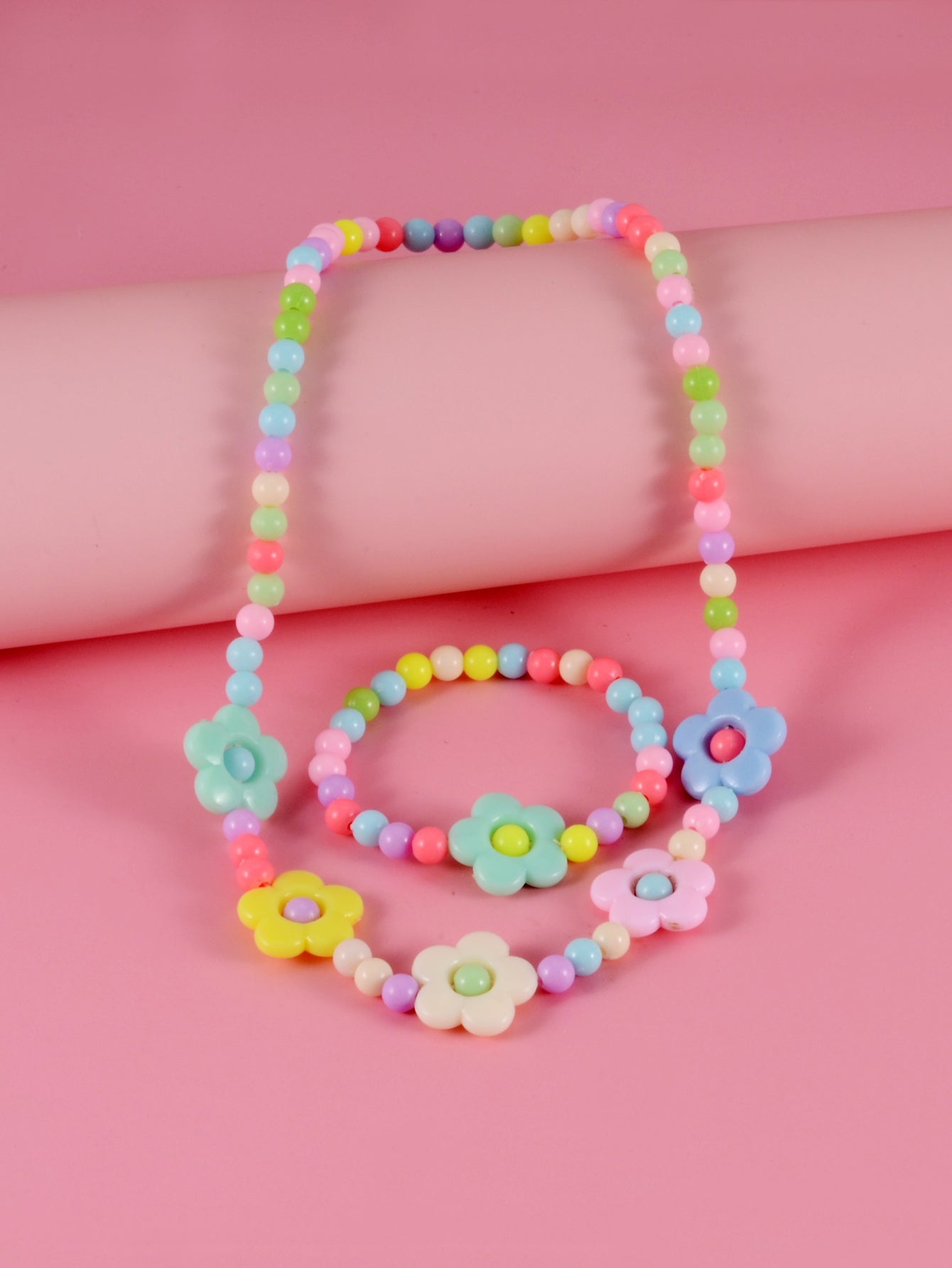 Girls Flower Decor Beaded Necklace & Bracelet