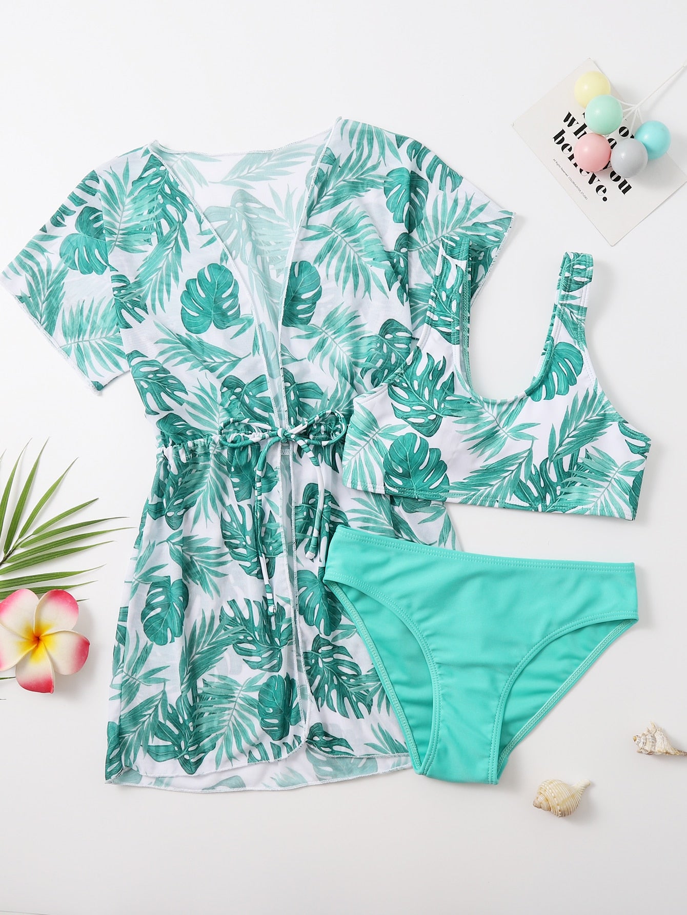 Tween Girl Tropical Print Bikini Set With Drawstring Cover Up Summer Beach