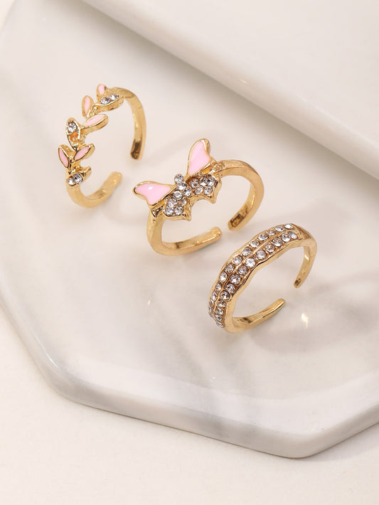 3pcs Girls Rhinestone Butterfly & Leaf Decor Ring