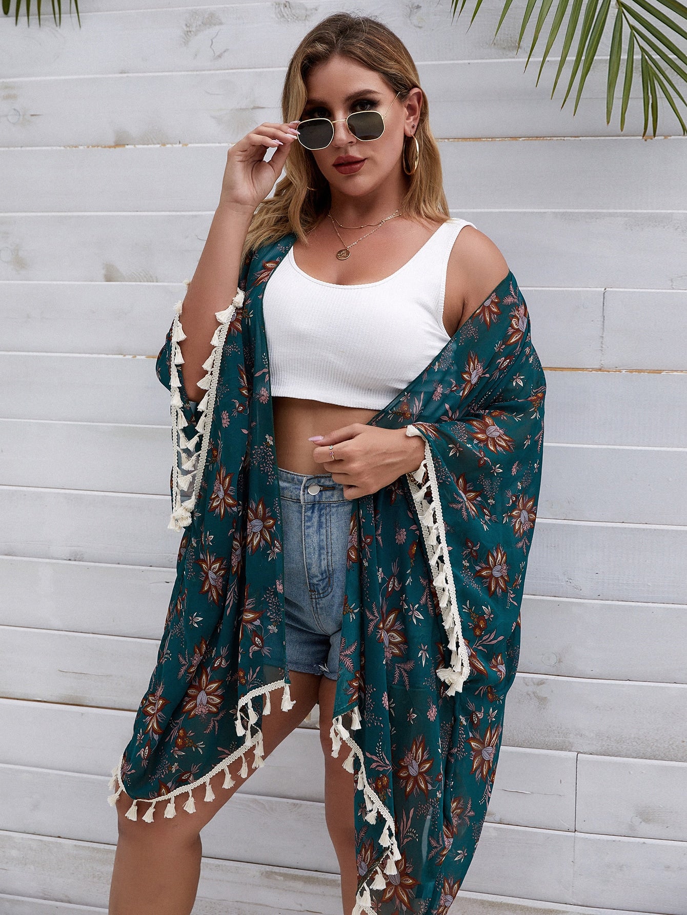 Swim Lushore Plus Size Summer Holiday Floral Printed Fringe Decorated Kimono Jacket With Batwing Sleeve