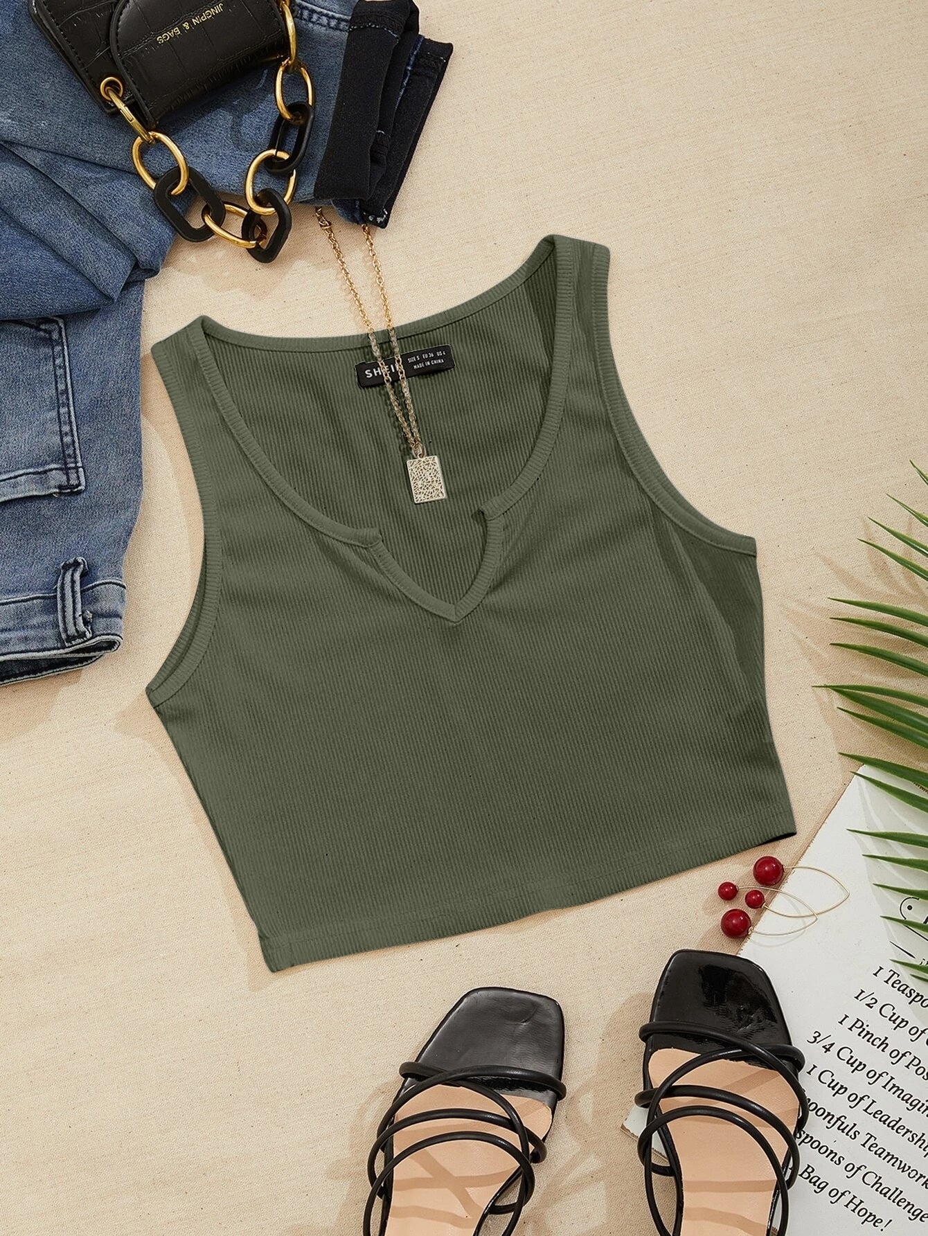 Notched Neck Ribbed Knit Tank Top