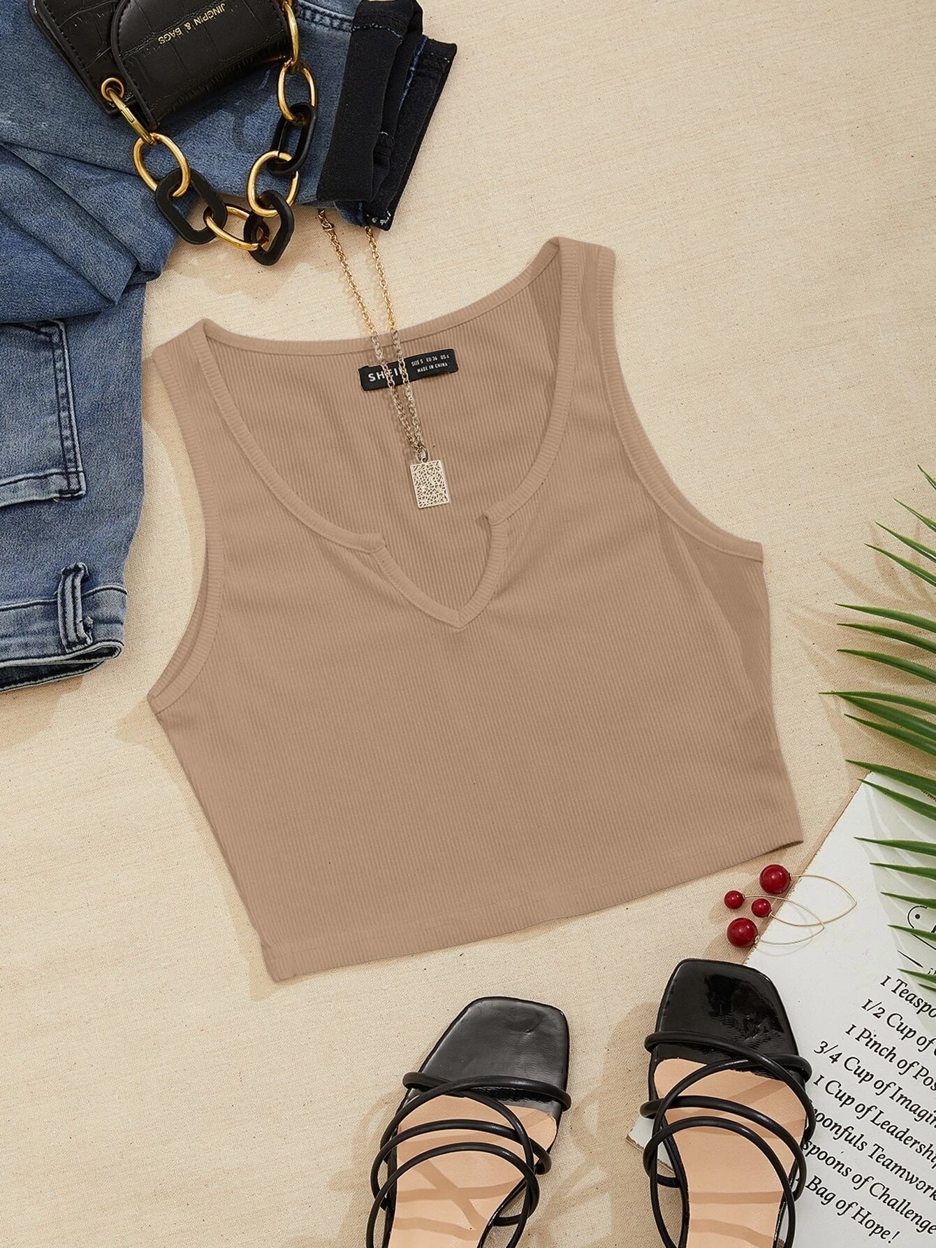 Notched Neck Ribbed Knit Tank Top