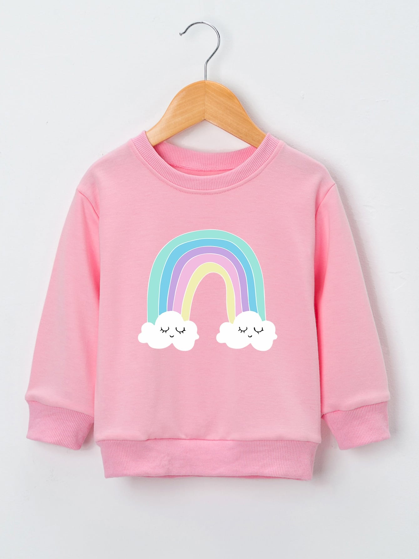 Young Girl Cute Rainbow Printed Sweatshirt With Round Neck And Long Sleeves, Spring/Fall