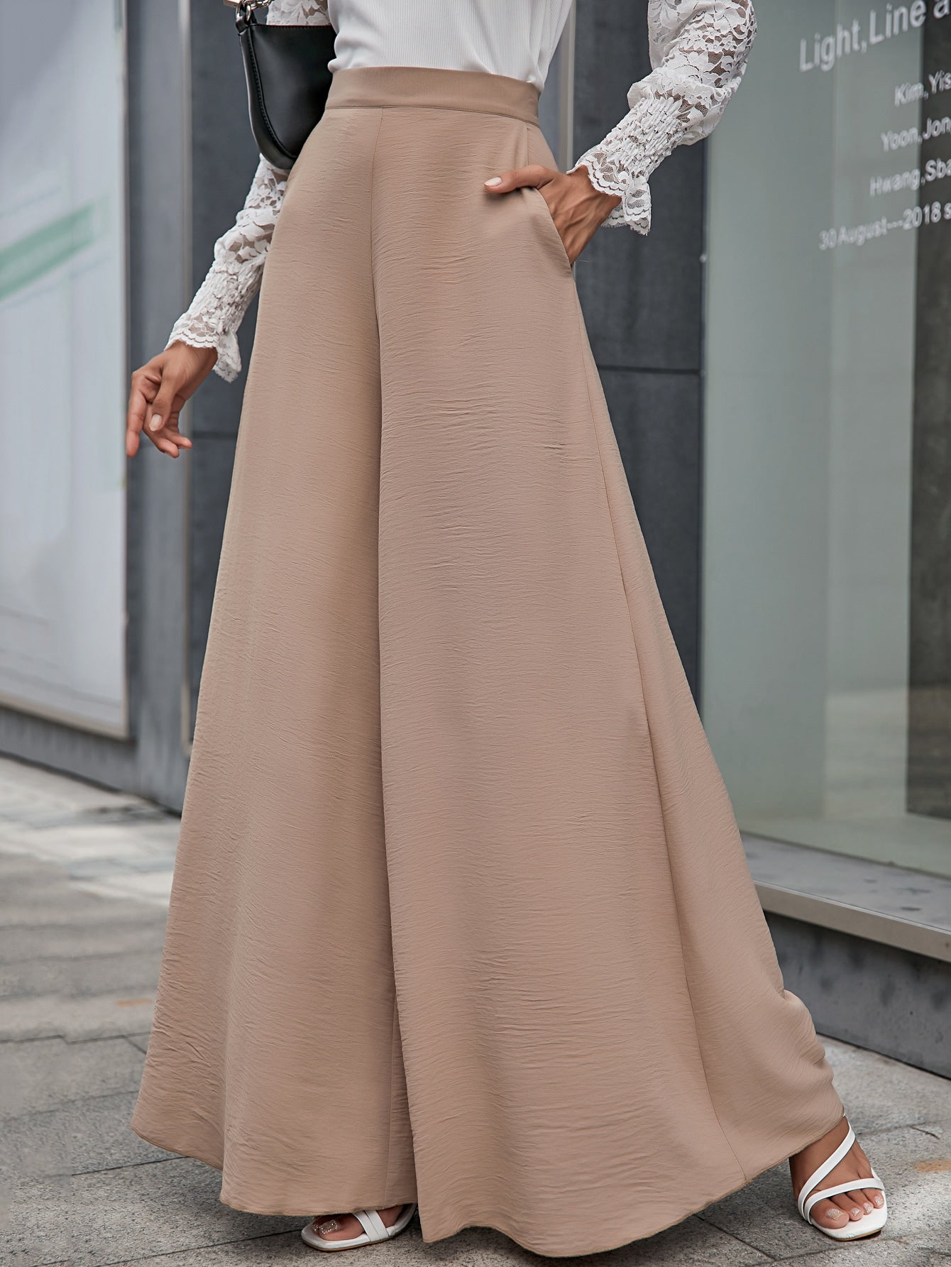 Solid Slant Pocket Wide Leg Pants