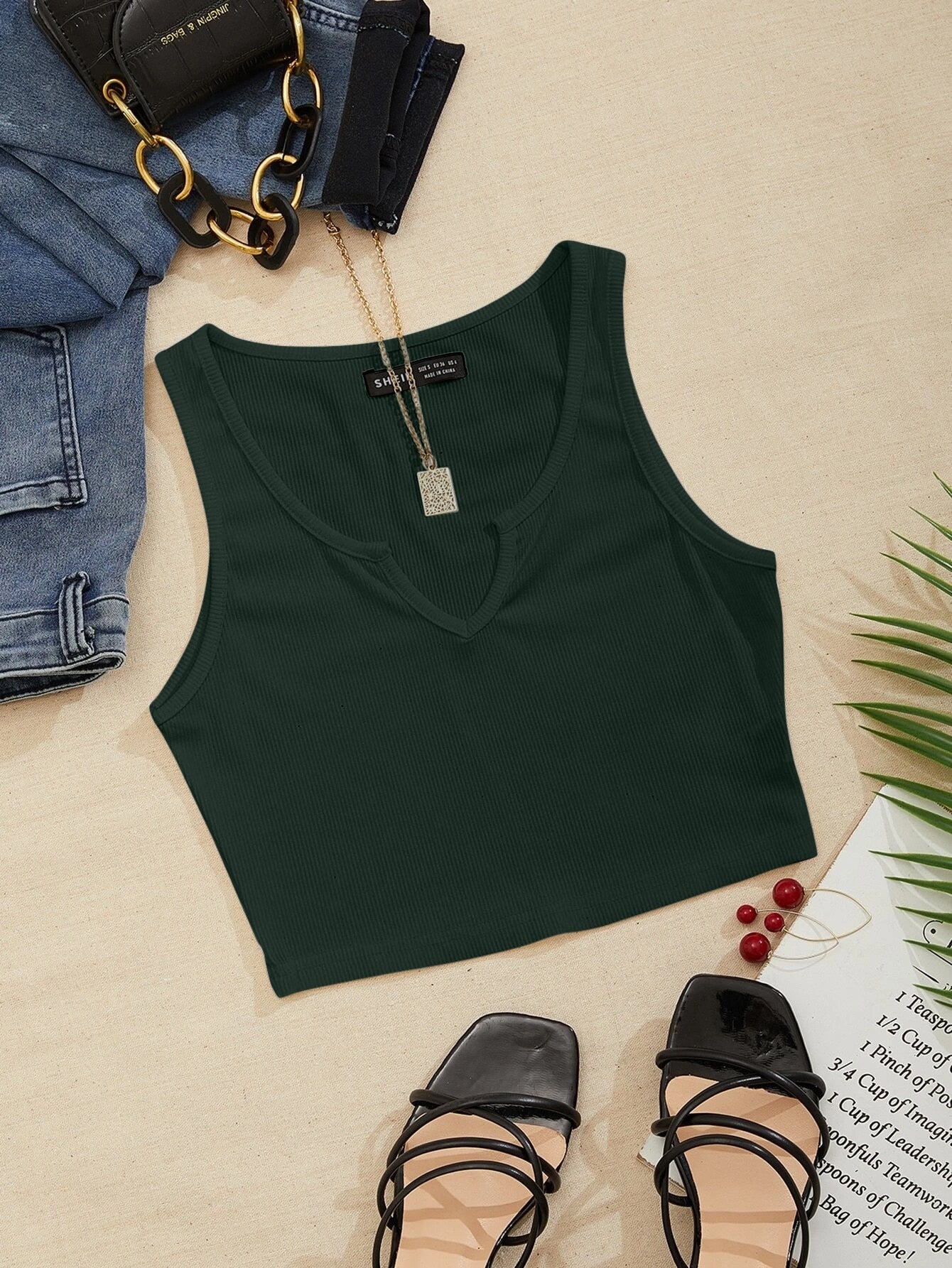 Notched Neck Ribbed Knit Tank Top