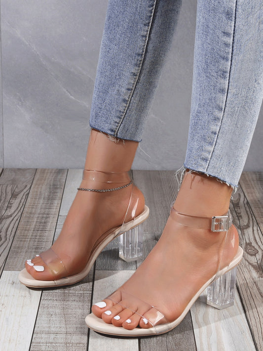 Clear Chunky Heeled Sandals, Ladies' Beige High Heeled Sandals