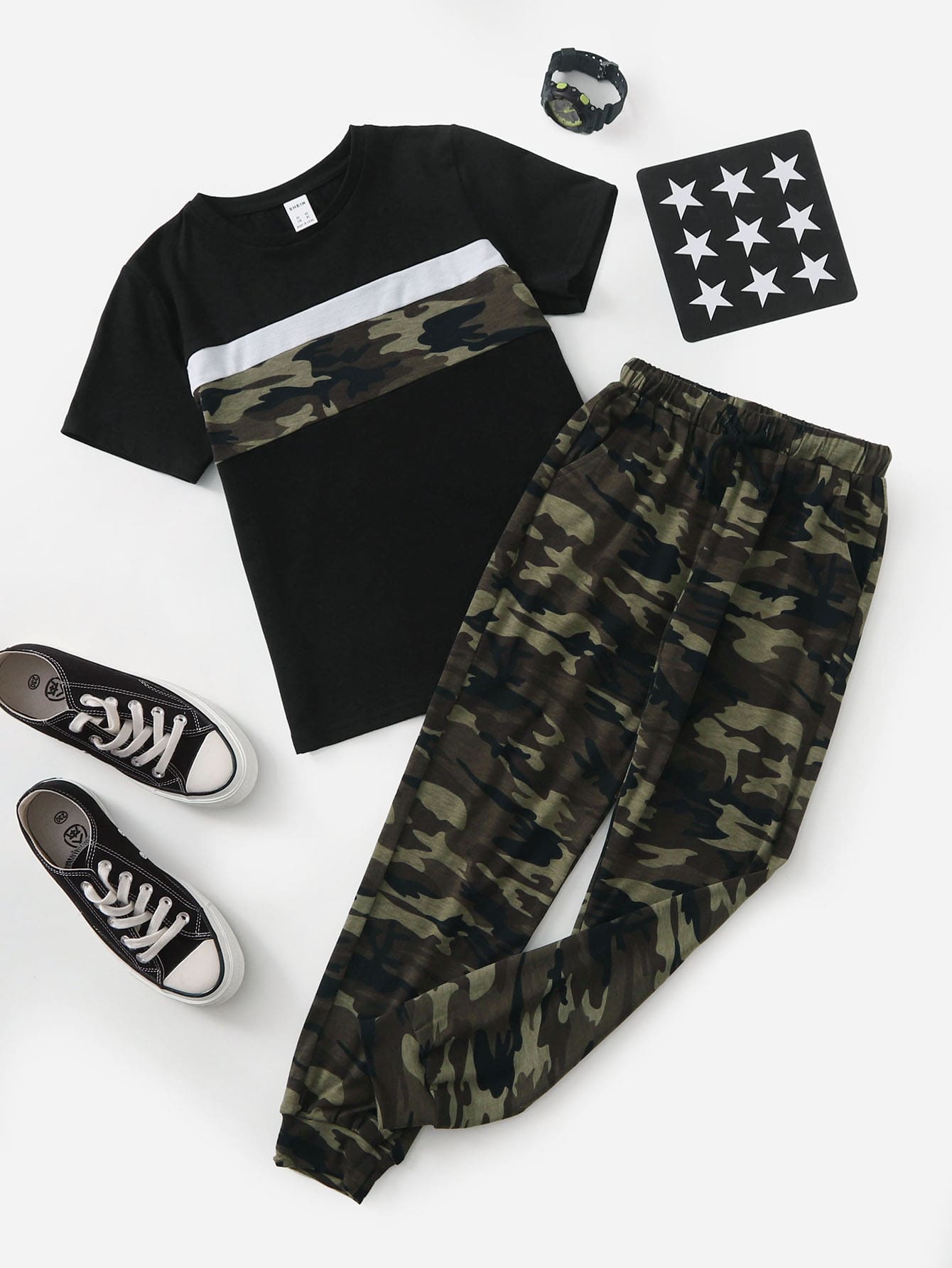 Tween Boy Camouflage Patchwork T-Shirt And Pants Set