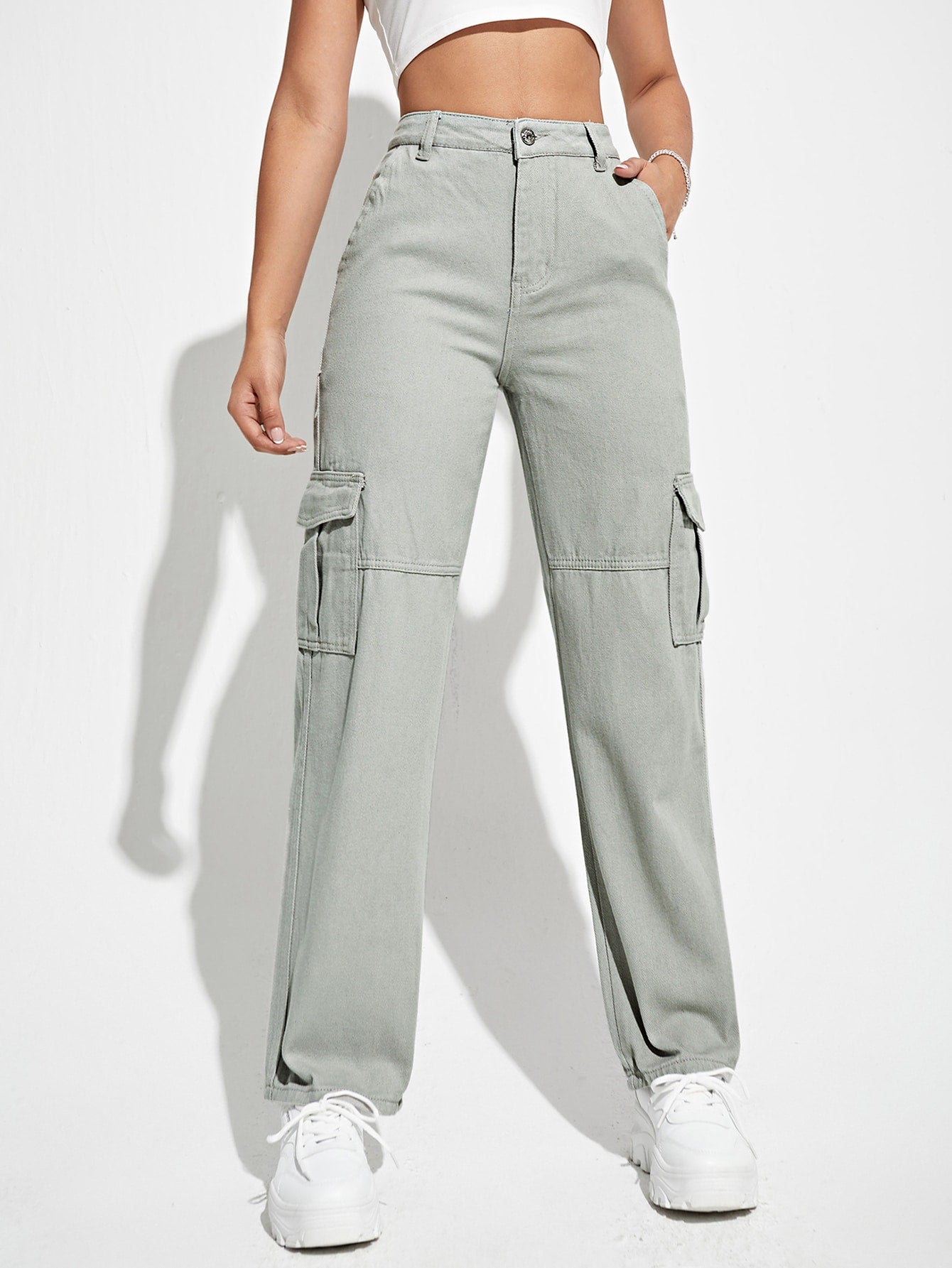 Solid Color Cargo Denim Pants