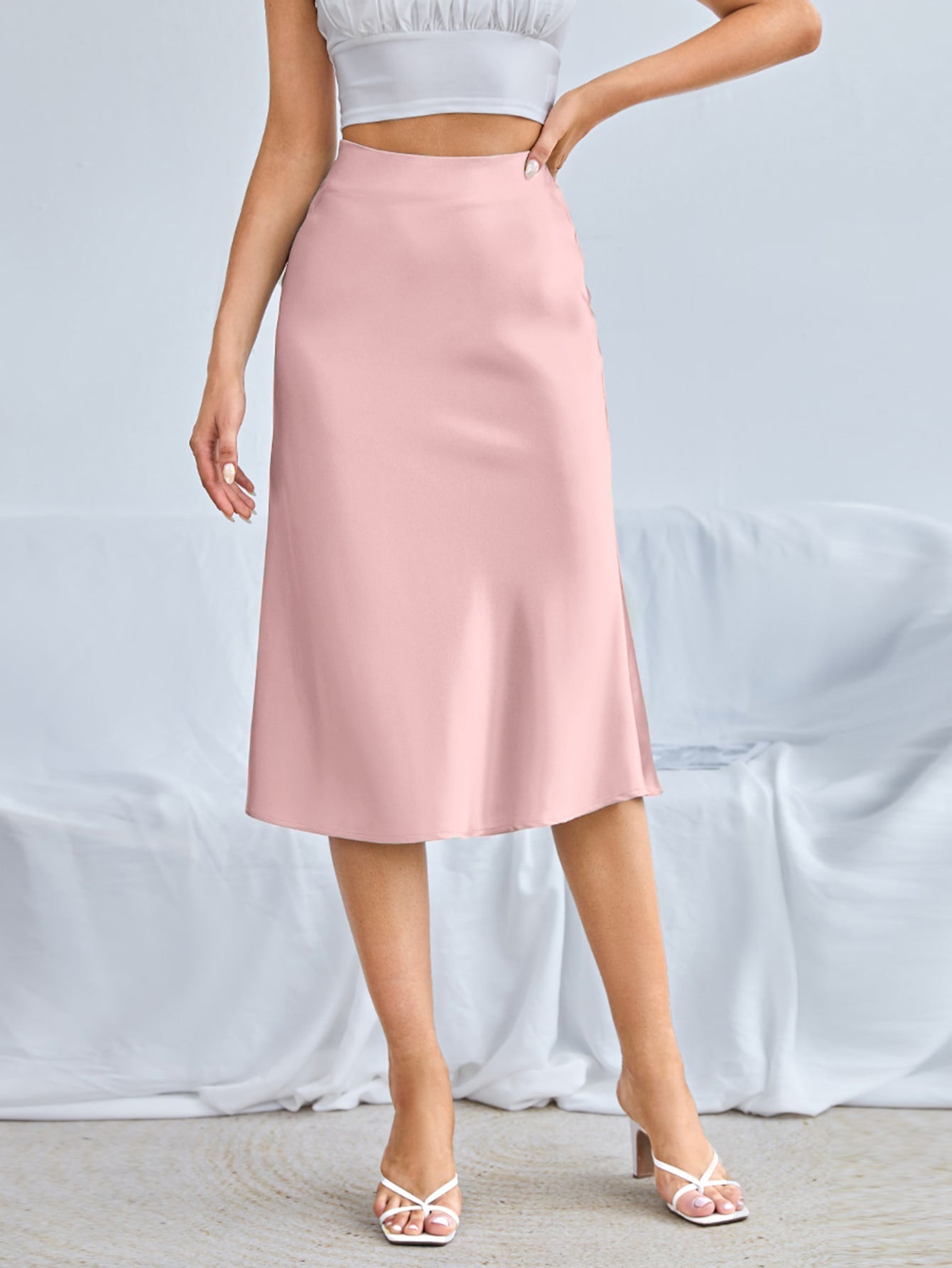 Zipper Side Solid Satin Skirt Without Belt