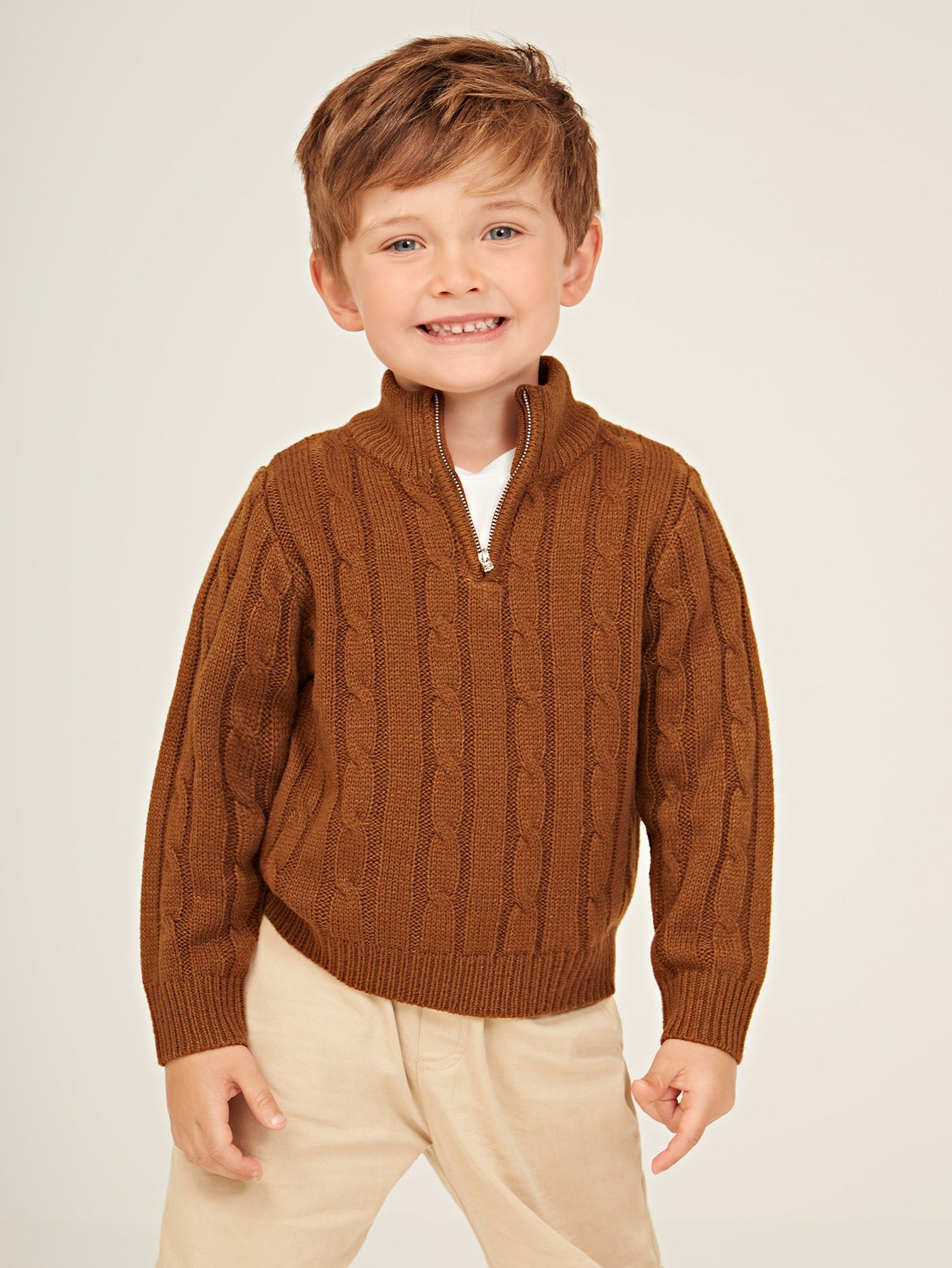 Young Boy Solid Color Zipper Half-Placket Long Sleeve Casual Sweater, Fall/Winter