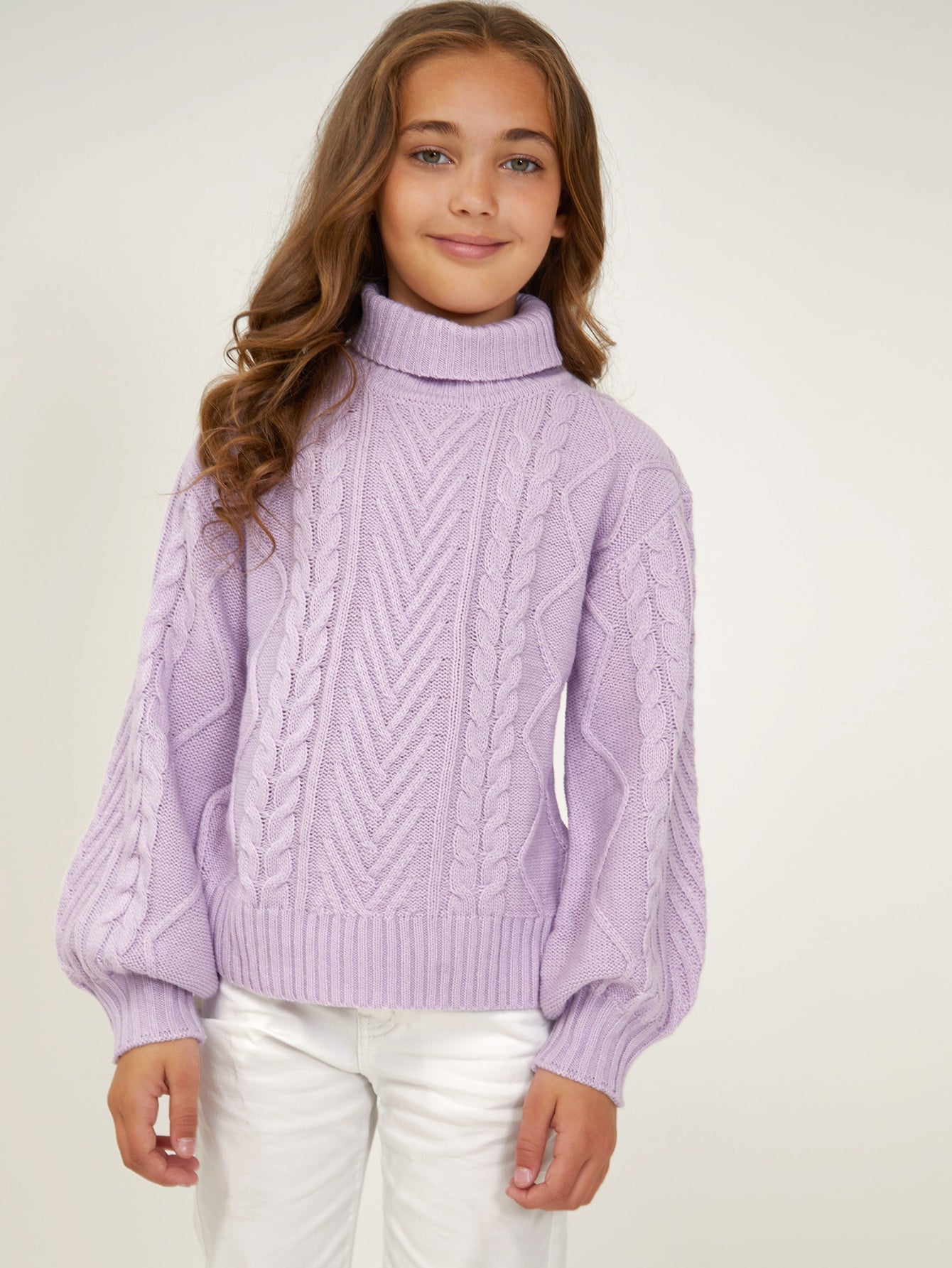 Tween Girl Turtleneck Cable Knit Lantern Sleeve Sweater