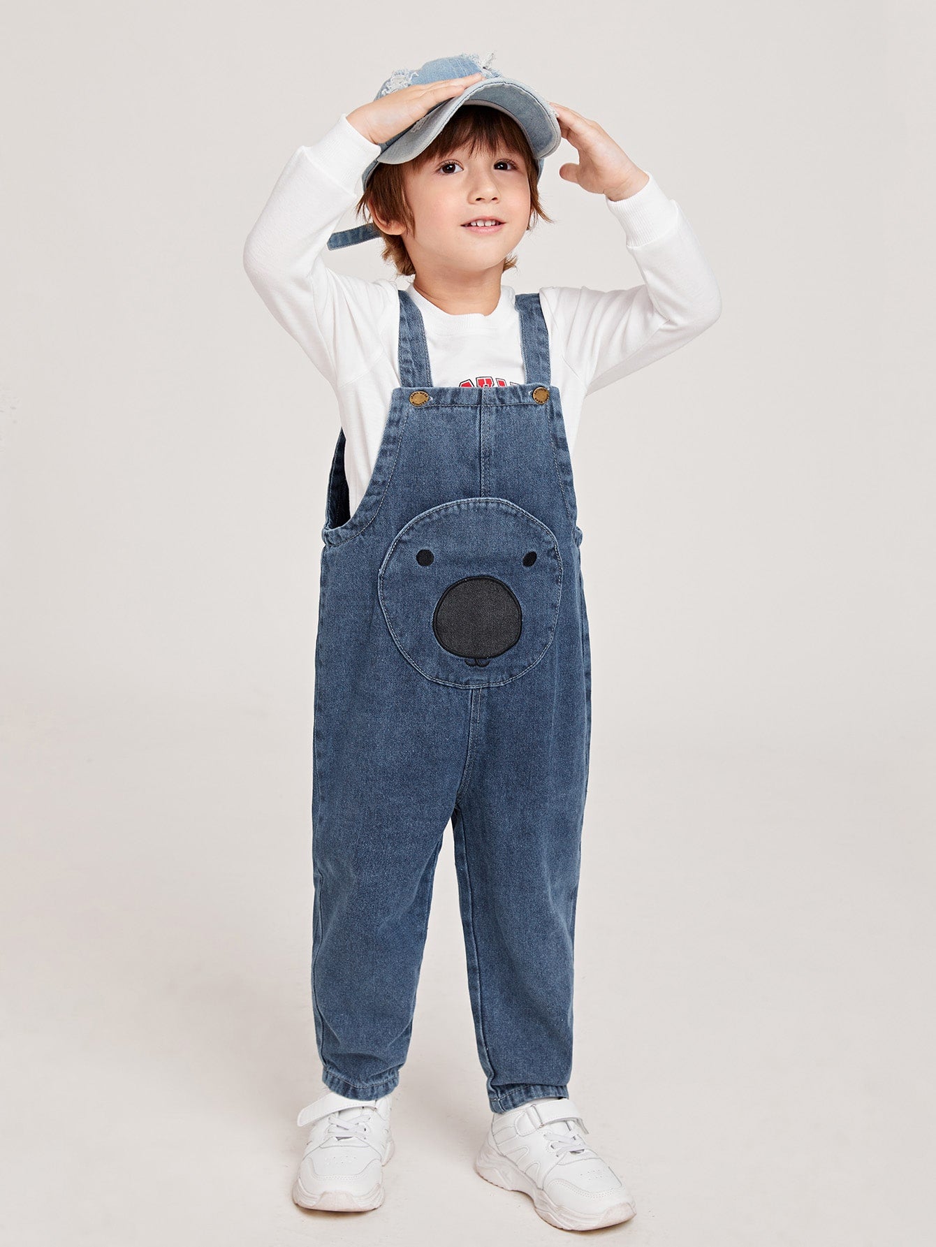 Young Boy Unisex Casual Street Style Retro Animal Face Printed Loose Fit Overalls With Circular Pockets, Adjustable Strap And Tapered Jeans, Must-Have Fashionable Denim Clothing For Kids All Year Round