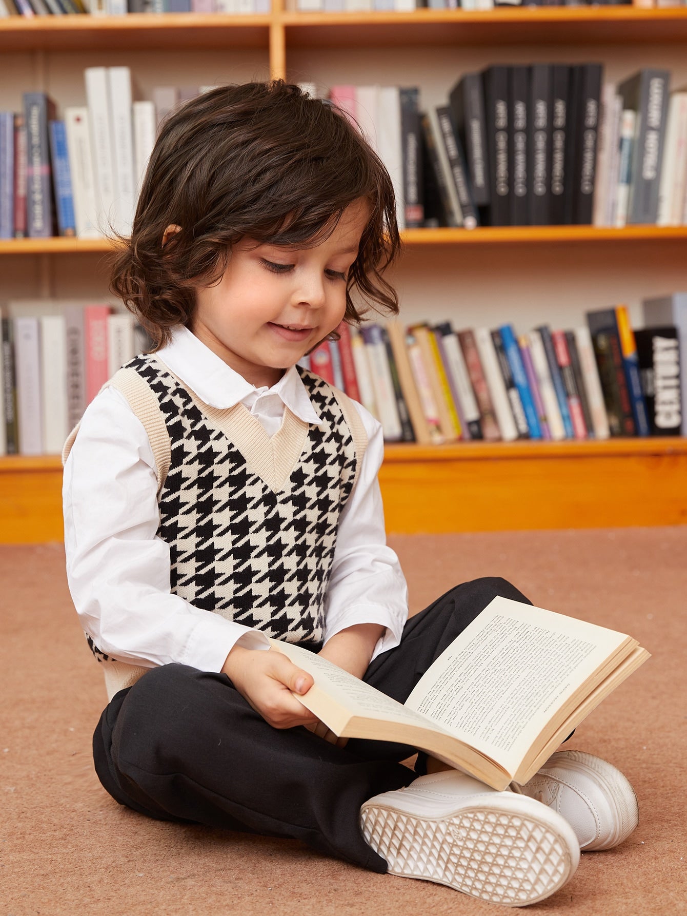 Young Boy Houndstooth Pattern Sweater Vest Without Shirt