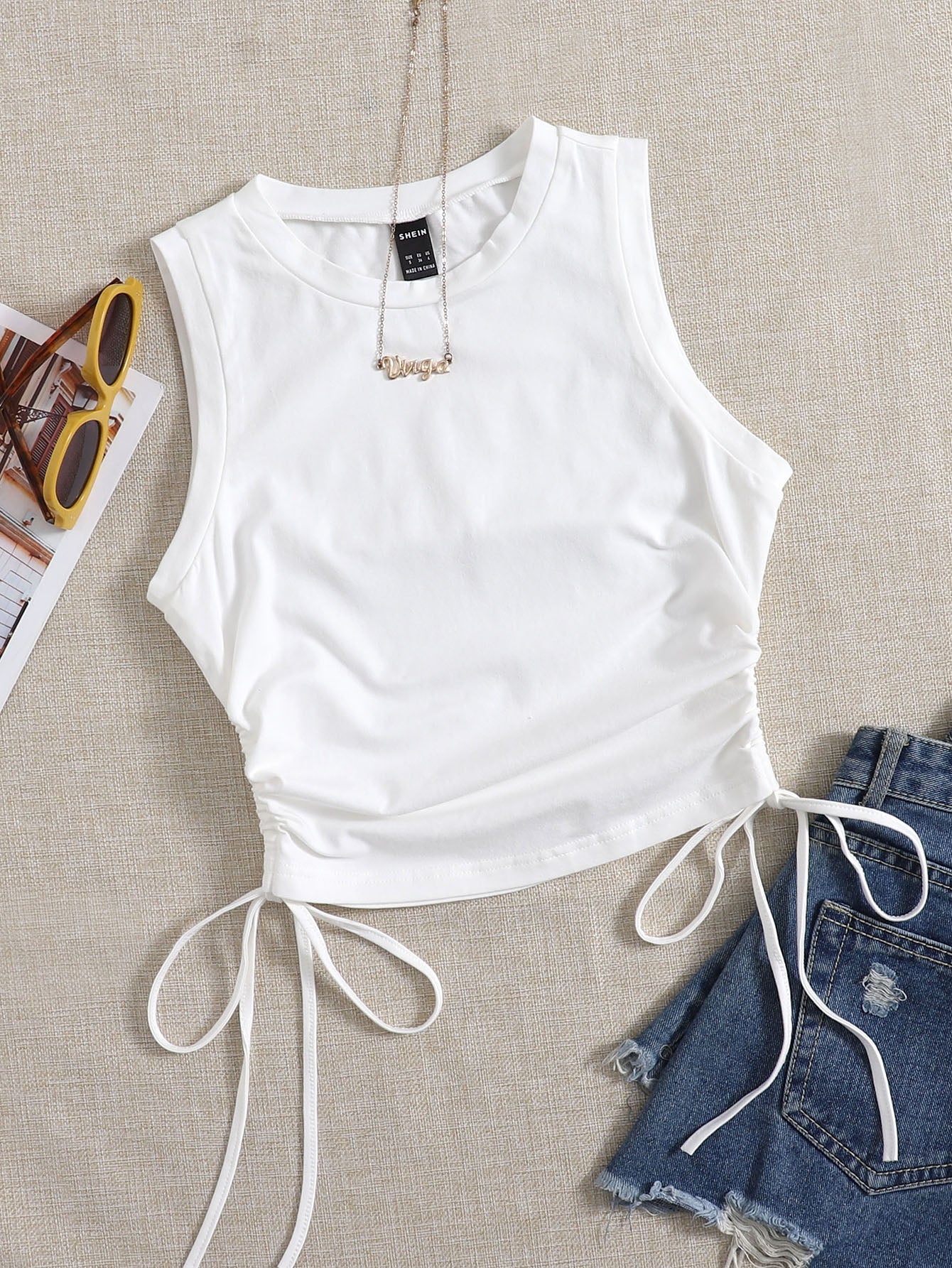 Drawstring Ruched Side Crop White Summer Outfits Back  Tank Top