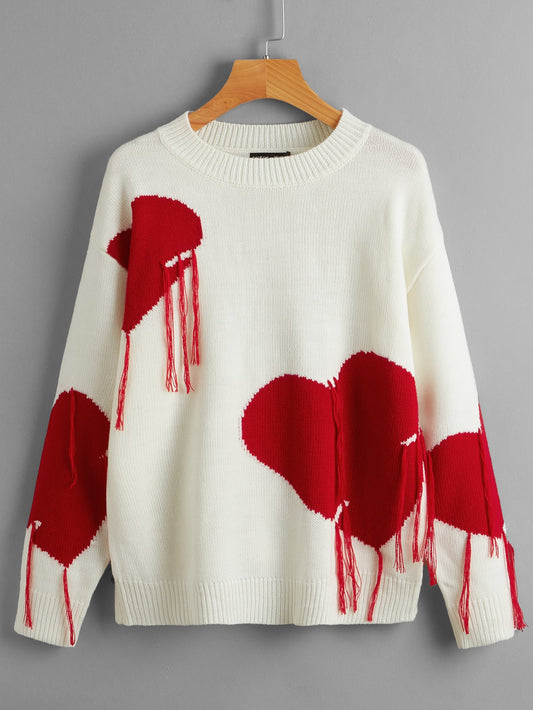 Plus Heart Pattern Drop Shoulder Sweater