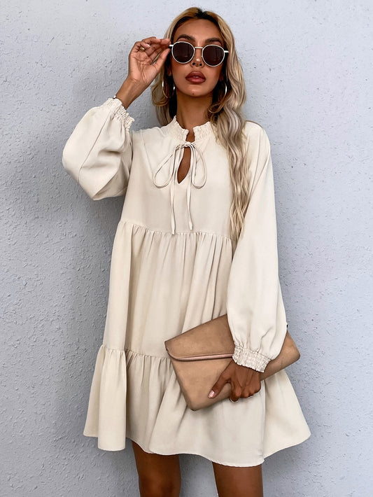 Tie Neck Lantern Sleeve Smock Dress