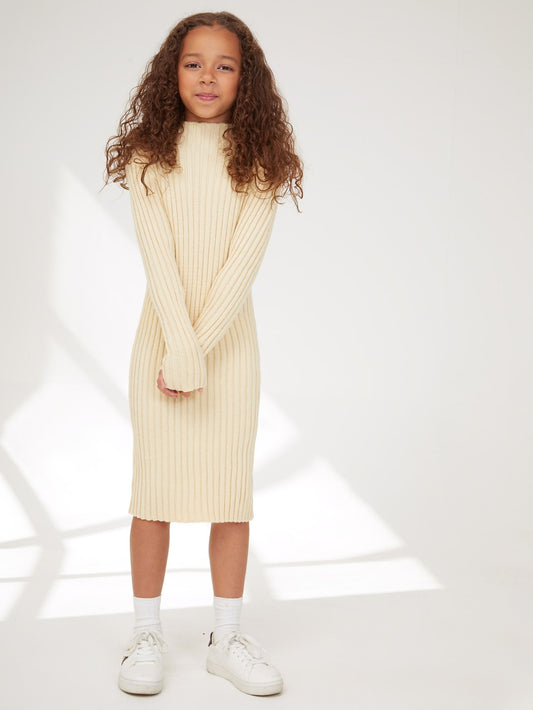 Tween Girl Mock Neck Ribbed Knee-Length Sweater Dress With Long Sleeves, Suitable For Autumn & Winter