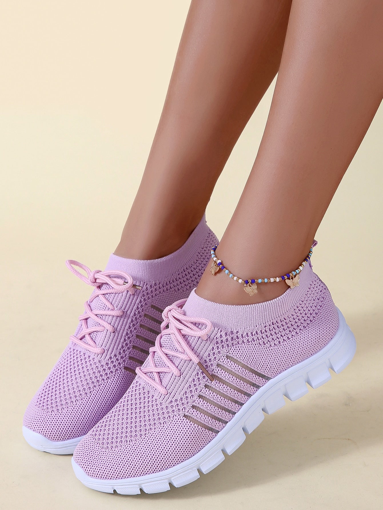 Women's Sporty Striped Pattern Knit Detail Slip On Running Shoes, Light Purple Sport Shoes