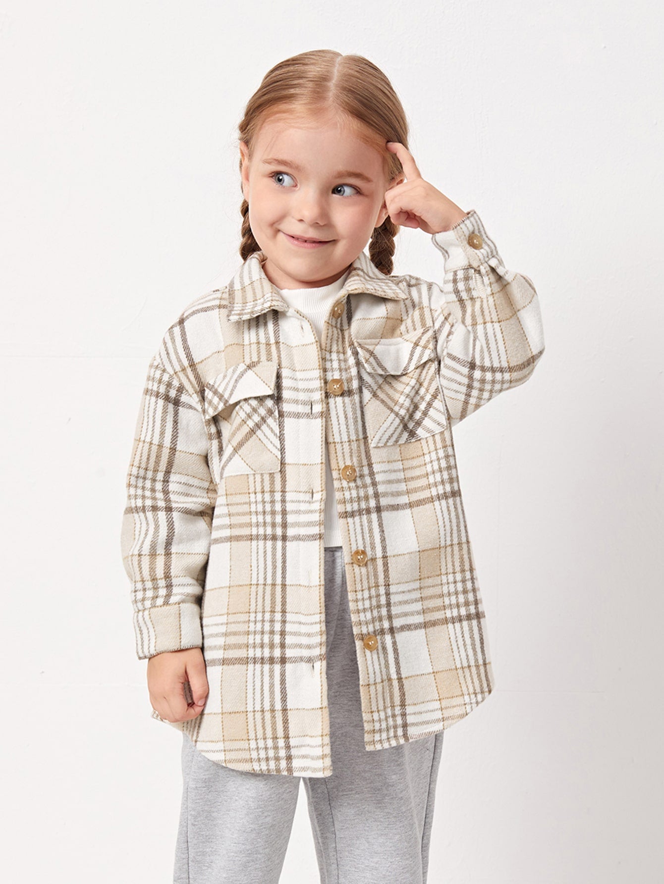 Young Girl Plaid Print Flap Pocket Overcoat