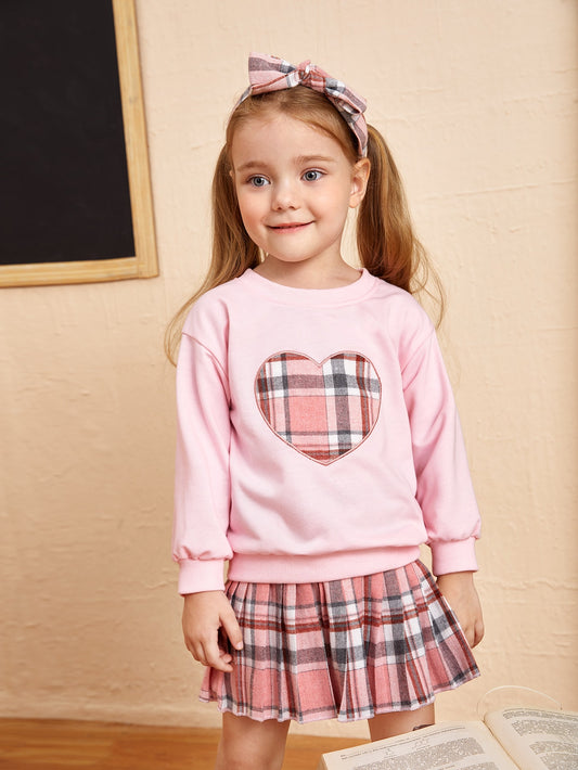 Young Girl Plaid Heart Embroidery Pullover