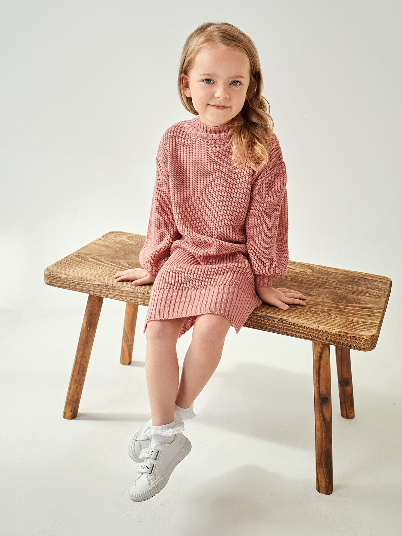 Little Girls' Simple Round Neck Long Sleeve Knit Sweater Dress