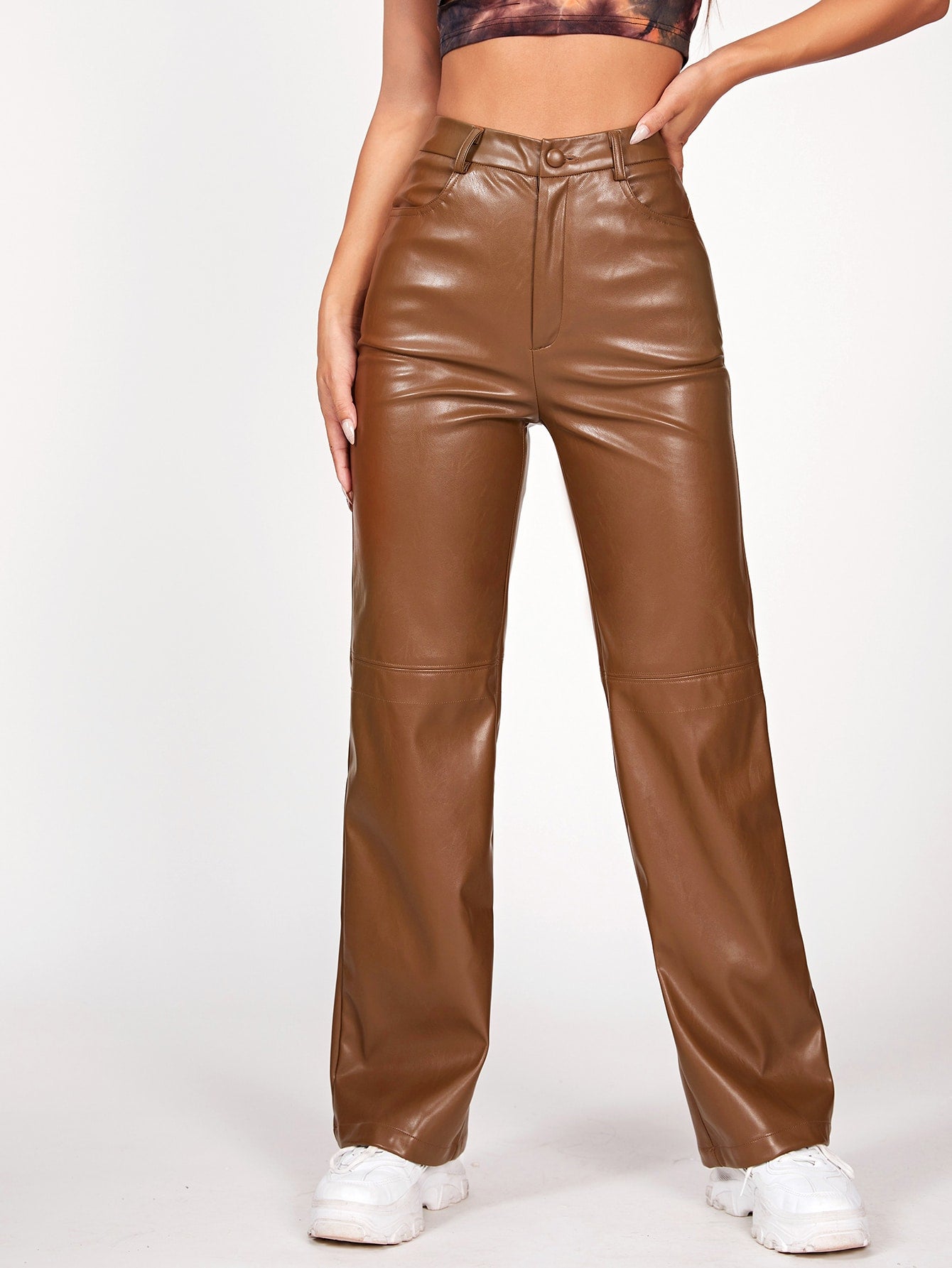 Solid PU Leather Straight Leg Black Pants