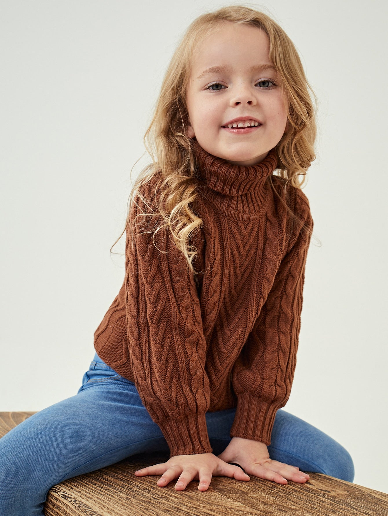 Young Girl Turtleneck Cable Knit Sweater