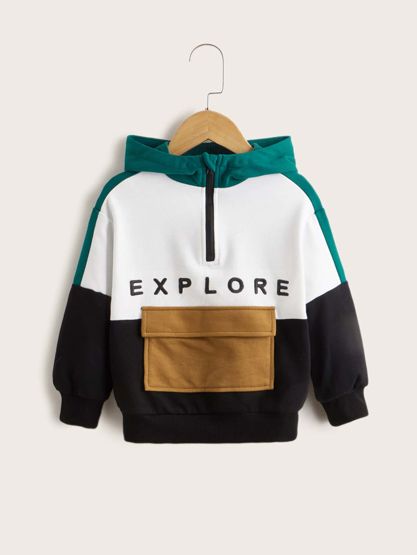 Young Boy Letter Embroidery Half Zip Colorblock Hoodie