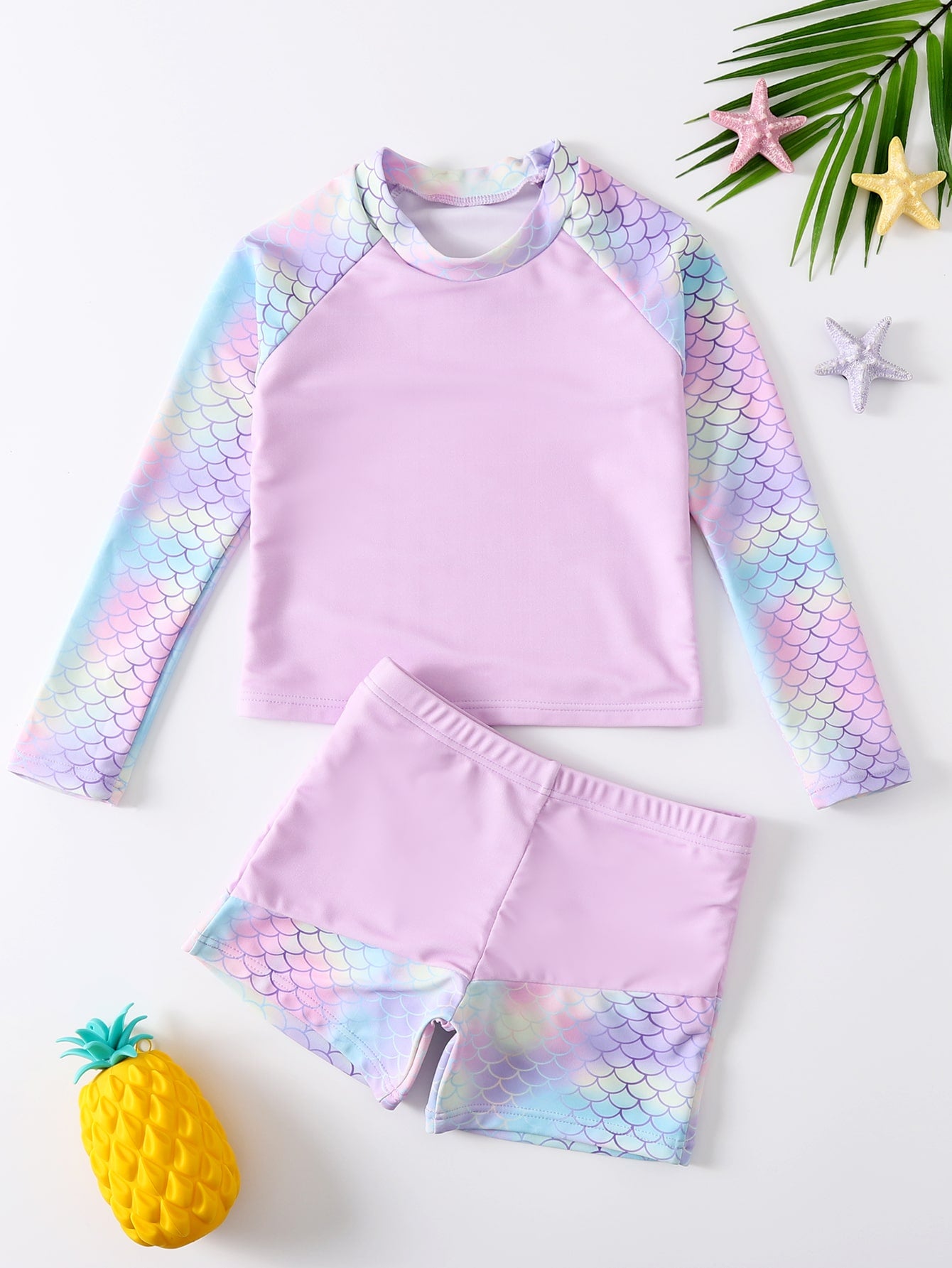 Young Girl Long Sleeve Shirt & Boyshorts Swimsuit Set, Random Print