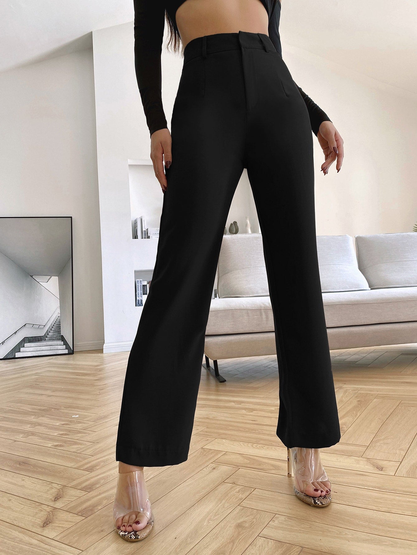 Solid High Rise Tailored Pants