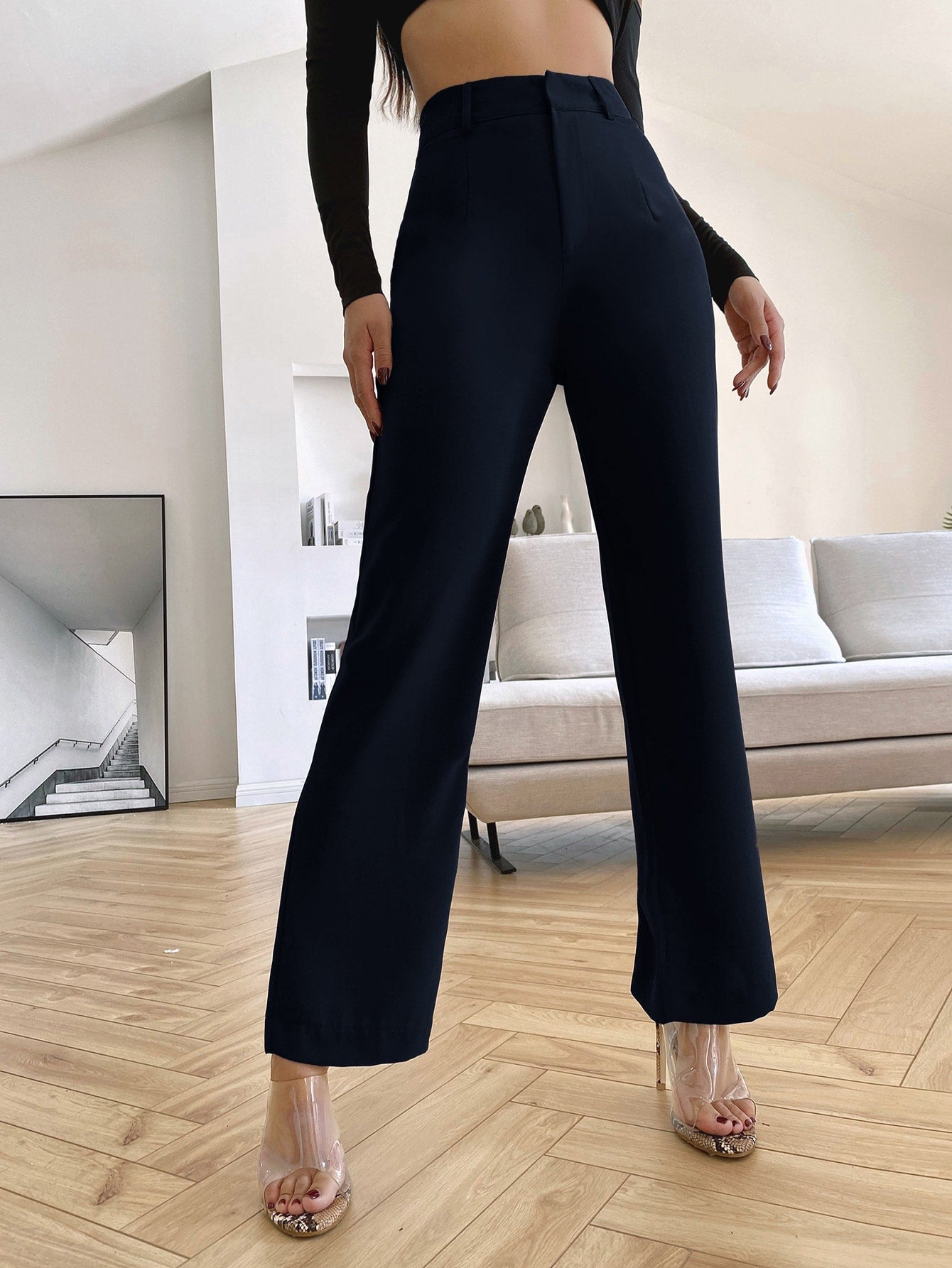 Solid High Waist Straight Leg Suit Pants