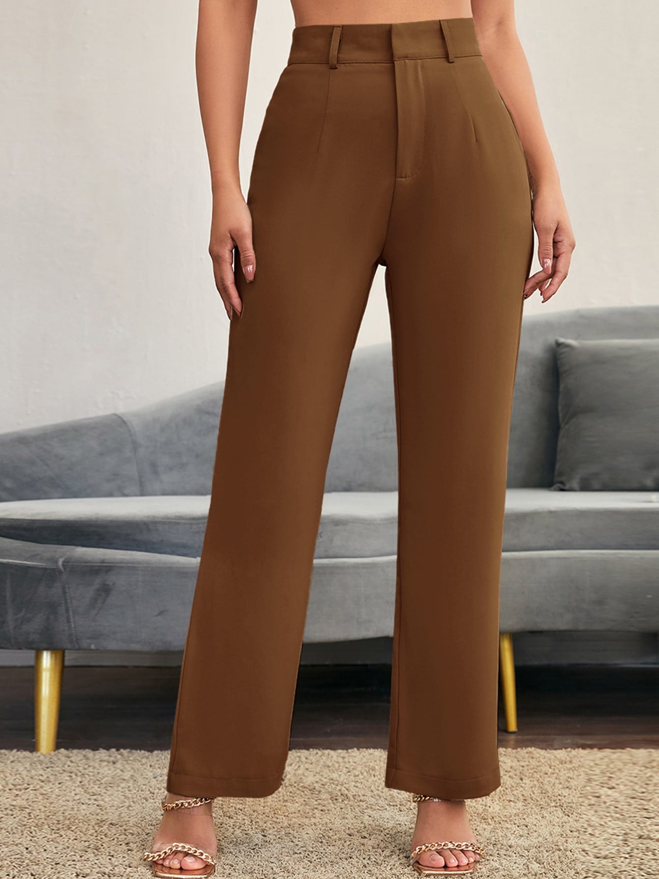 Solid High Waist Straight Leg Suit Pants