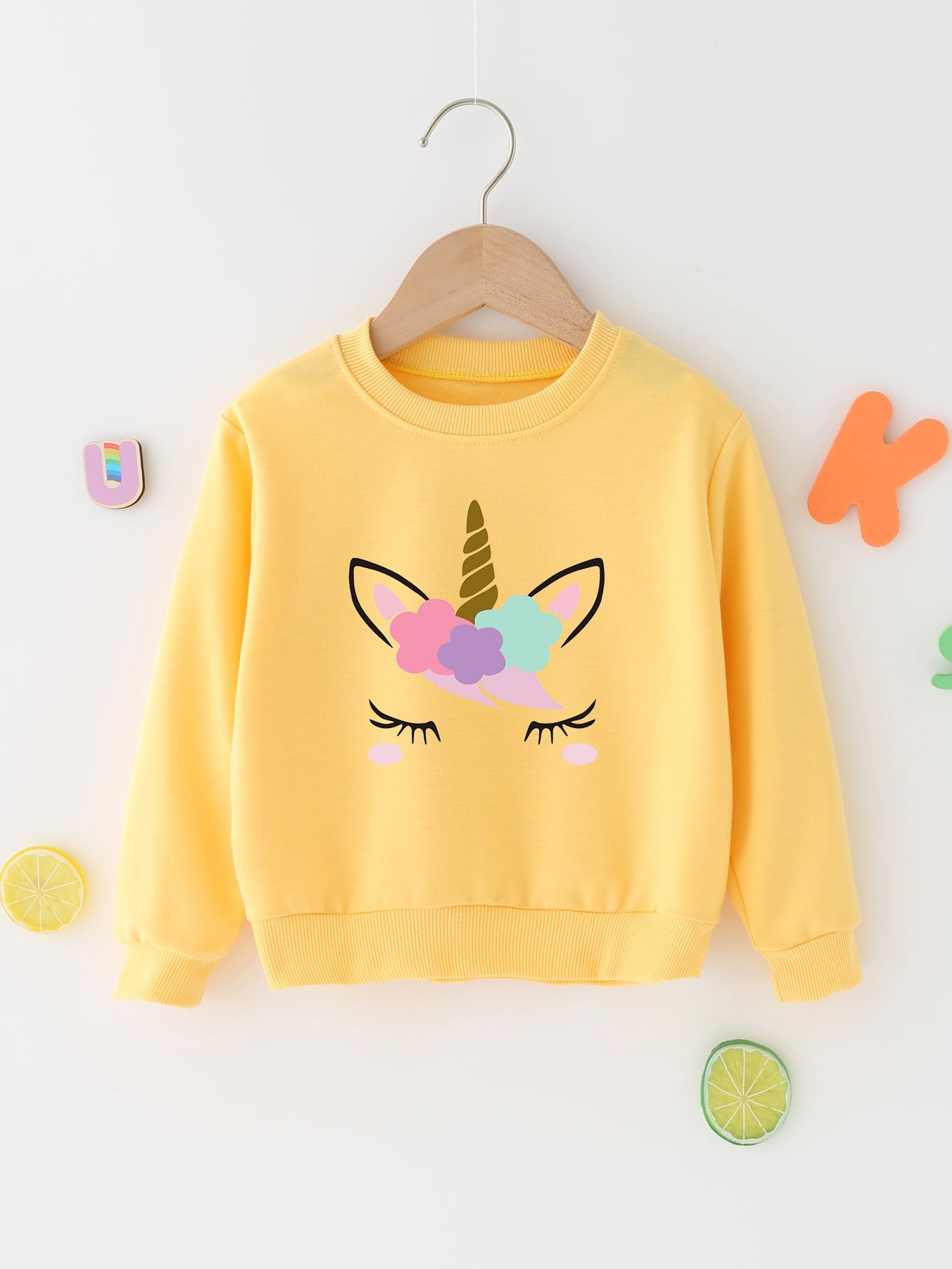 Young Girl Cute Casual Unicorn Printed Basic Round Neck Pullover Sweatshirt, Sports Top