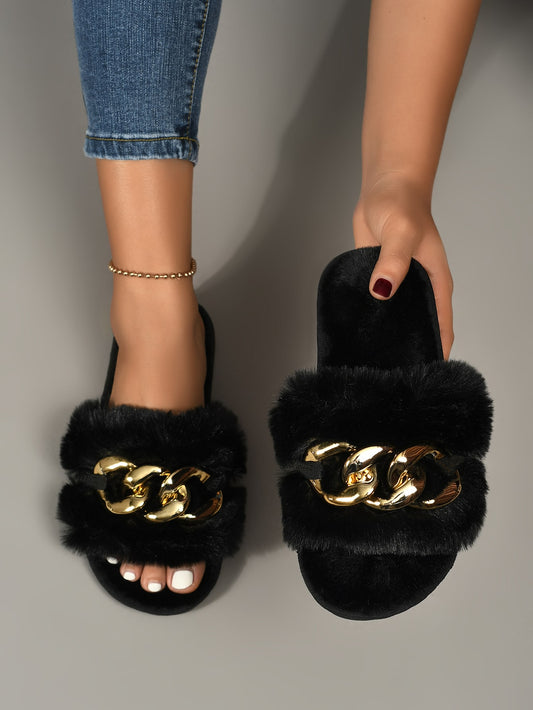 Women Black Fluffy Chain Decor Slippers, Fashionable Open Toe Slippers For Bedroom