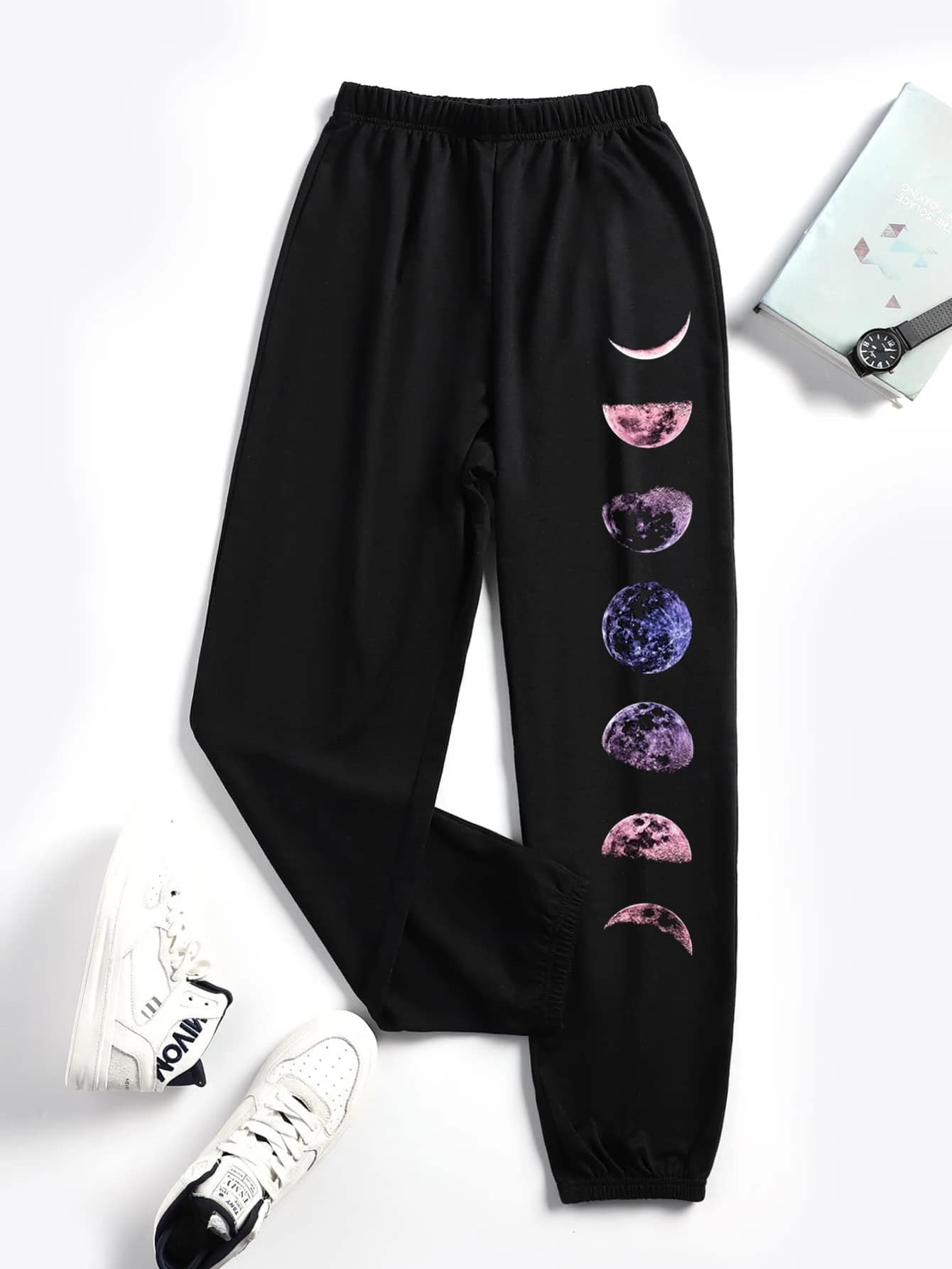 Plus Moon Print Elastic Waist Sweatpants