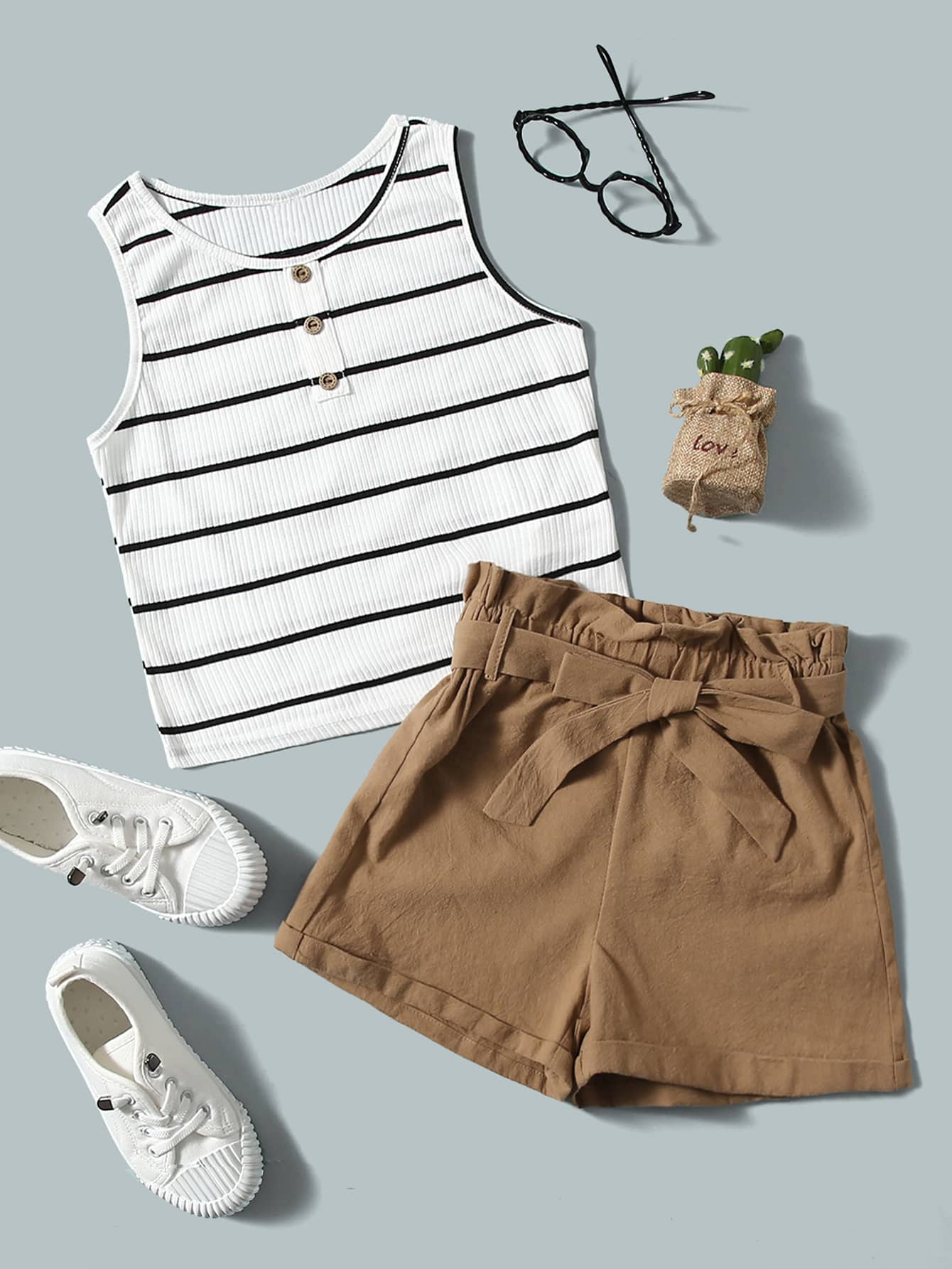 Tween Girl Striped Tank Top & Paperbag Waist Belted Shorts Set