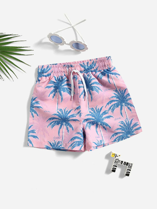 Young Boy Palm Tree Print Swim Trunks