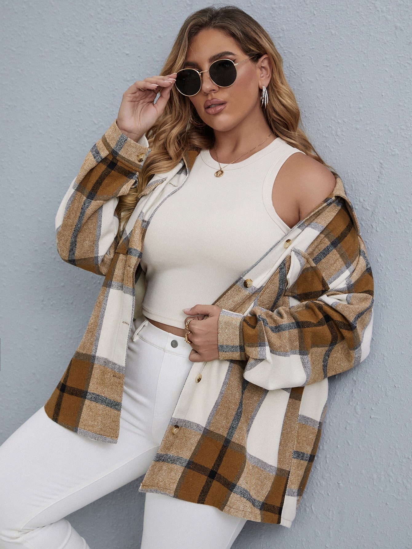 Plus Plaid Flap Pocket Drop Shoulder Overcoat