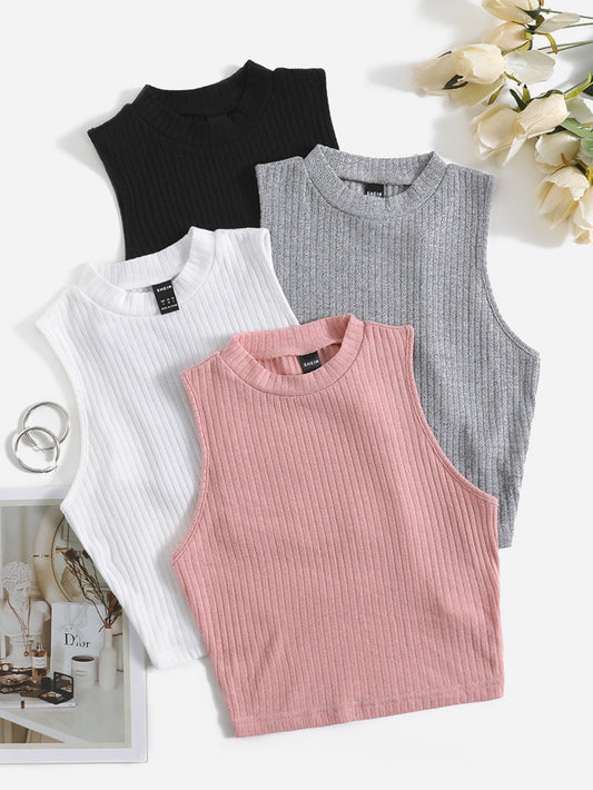 4pcs Mock Neck Rib Knit Tank Top