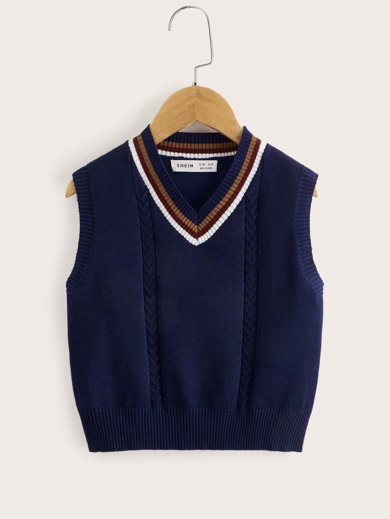 Young Boy V-Neck Striped Loose Knit Sweater Vest, Spring/Fall