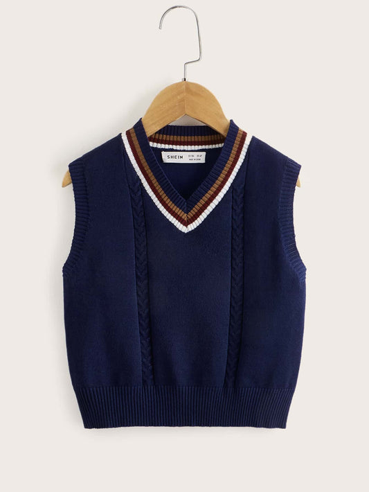 Young Boy Striped Trim V-Neck Sweater Vest