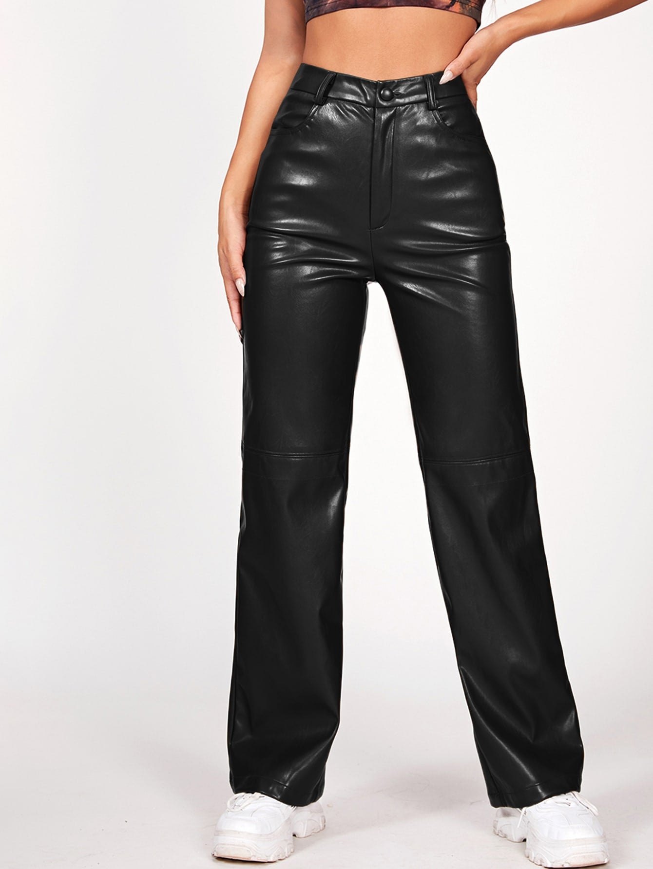 Solid PU Leather Straight Leg Black Pants