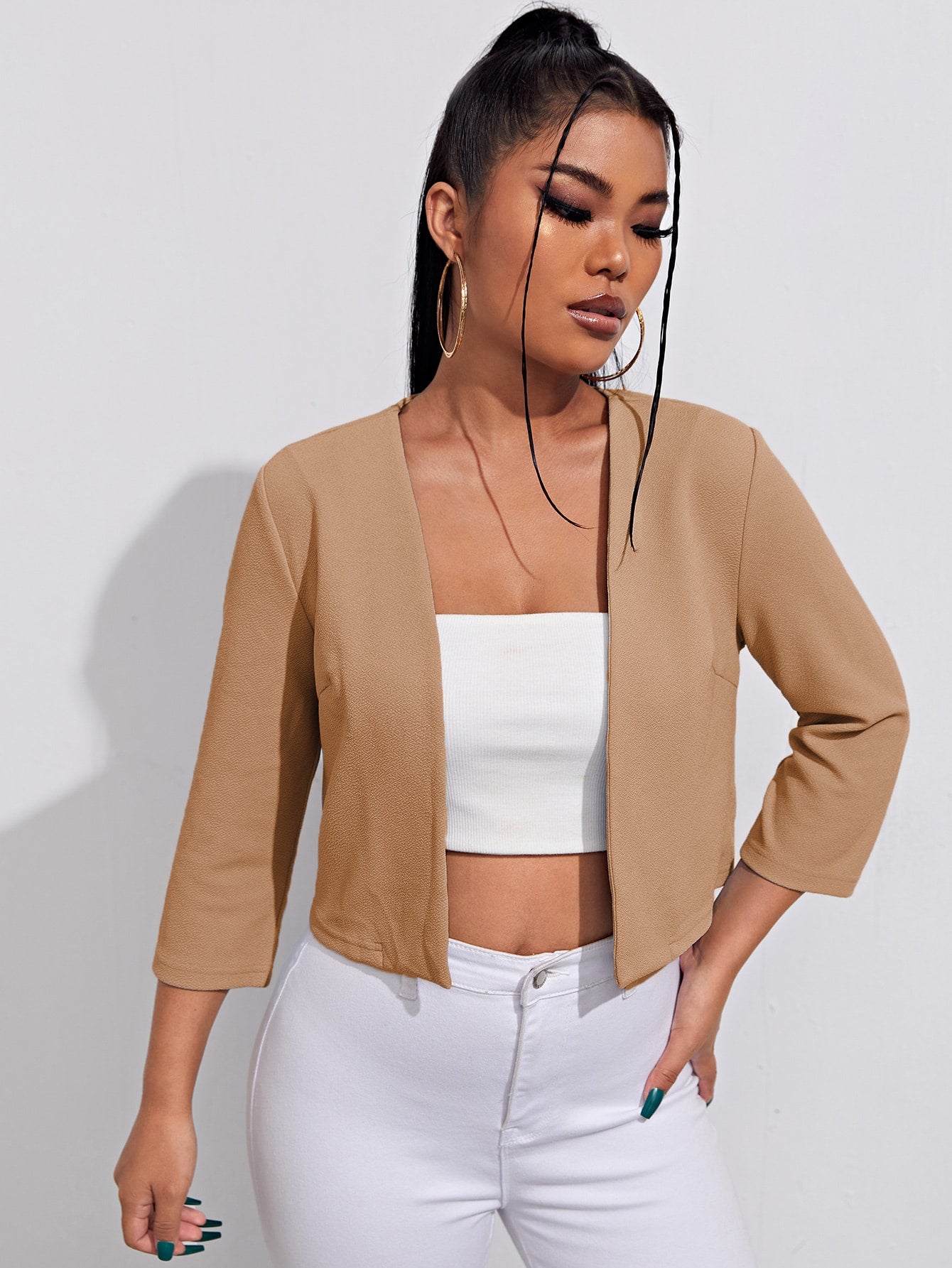 Solid Open Front Crop Women Blazer