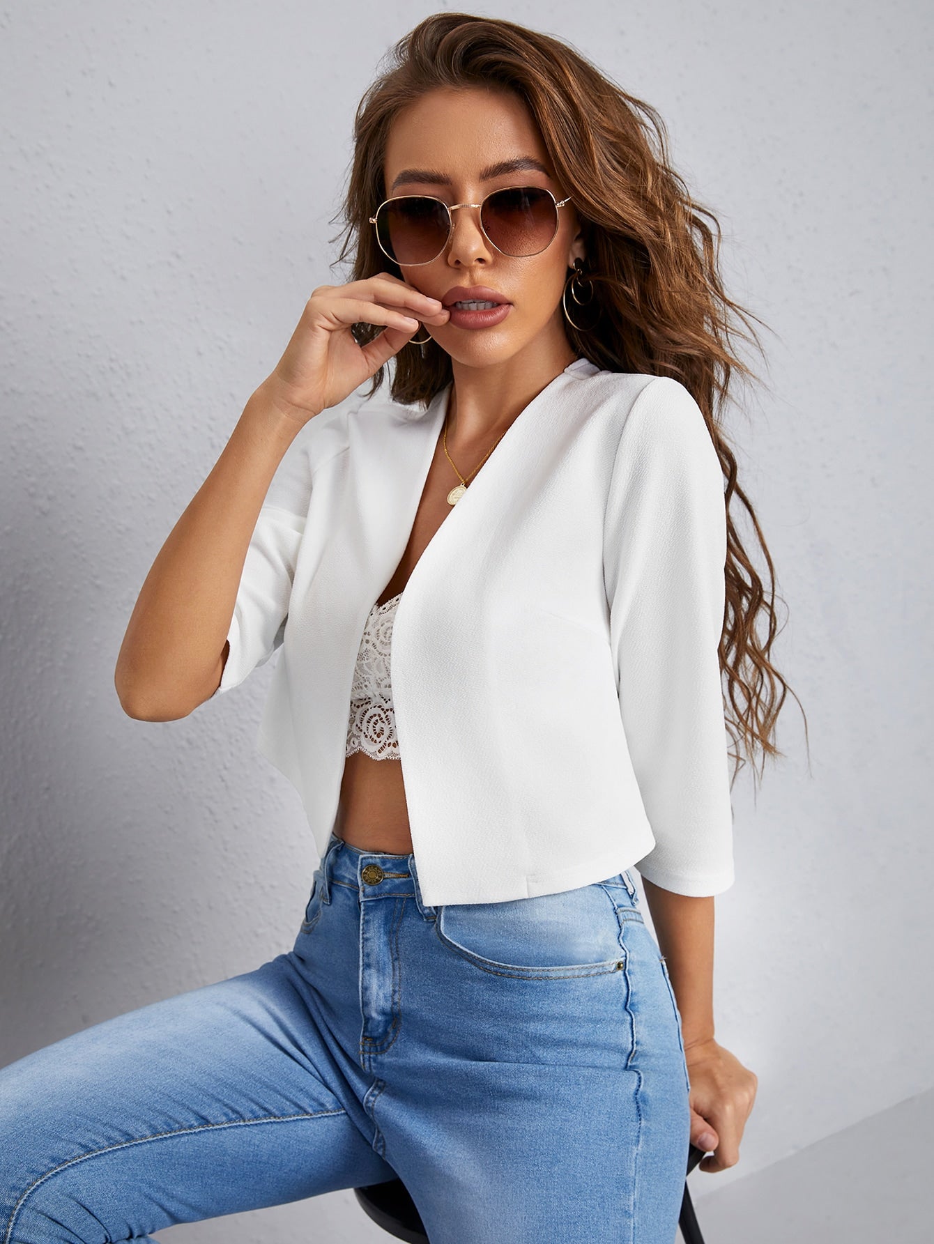 Solid Open Front Crop Women Blazer