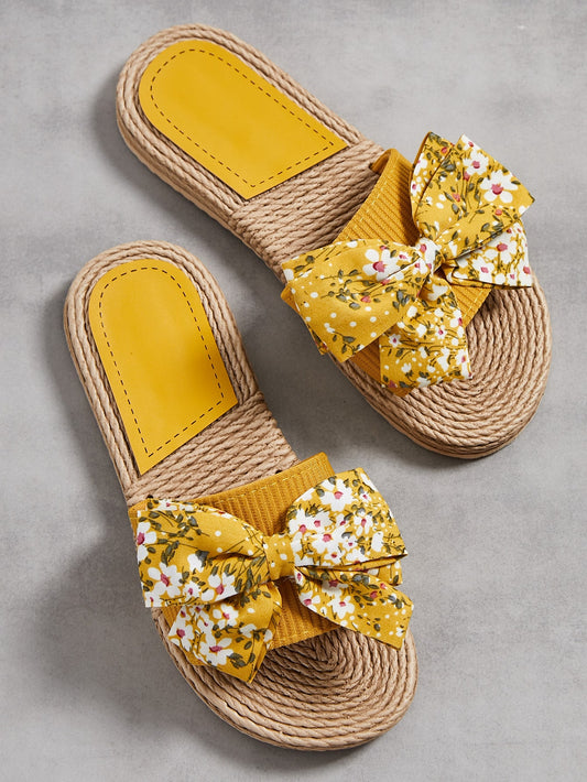 Floral Pattern Bow Decor Espadrille Slides