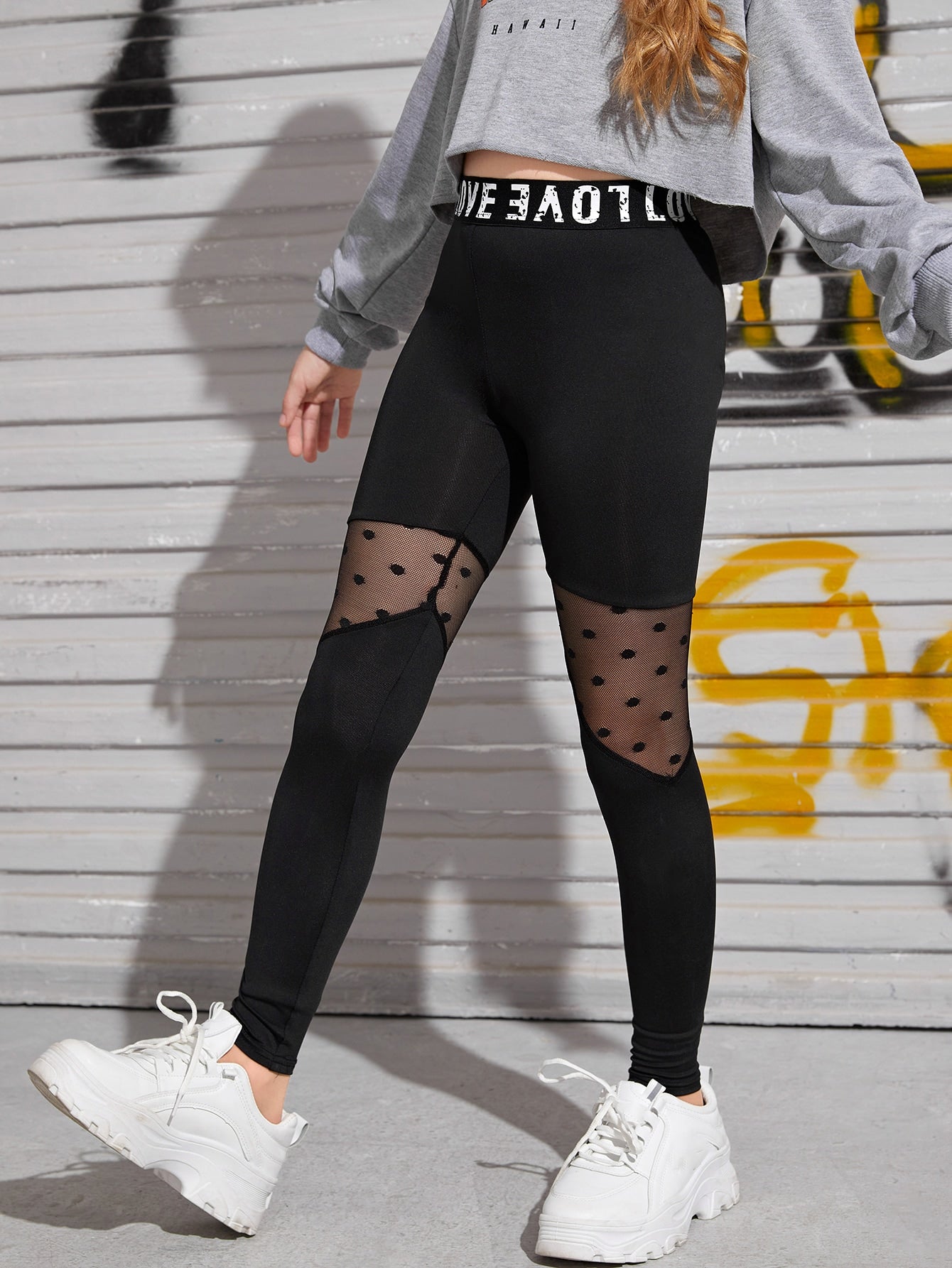 Tween Girl Letter Tape Panel Mesh Insert Leggings