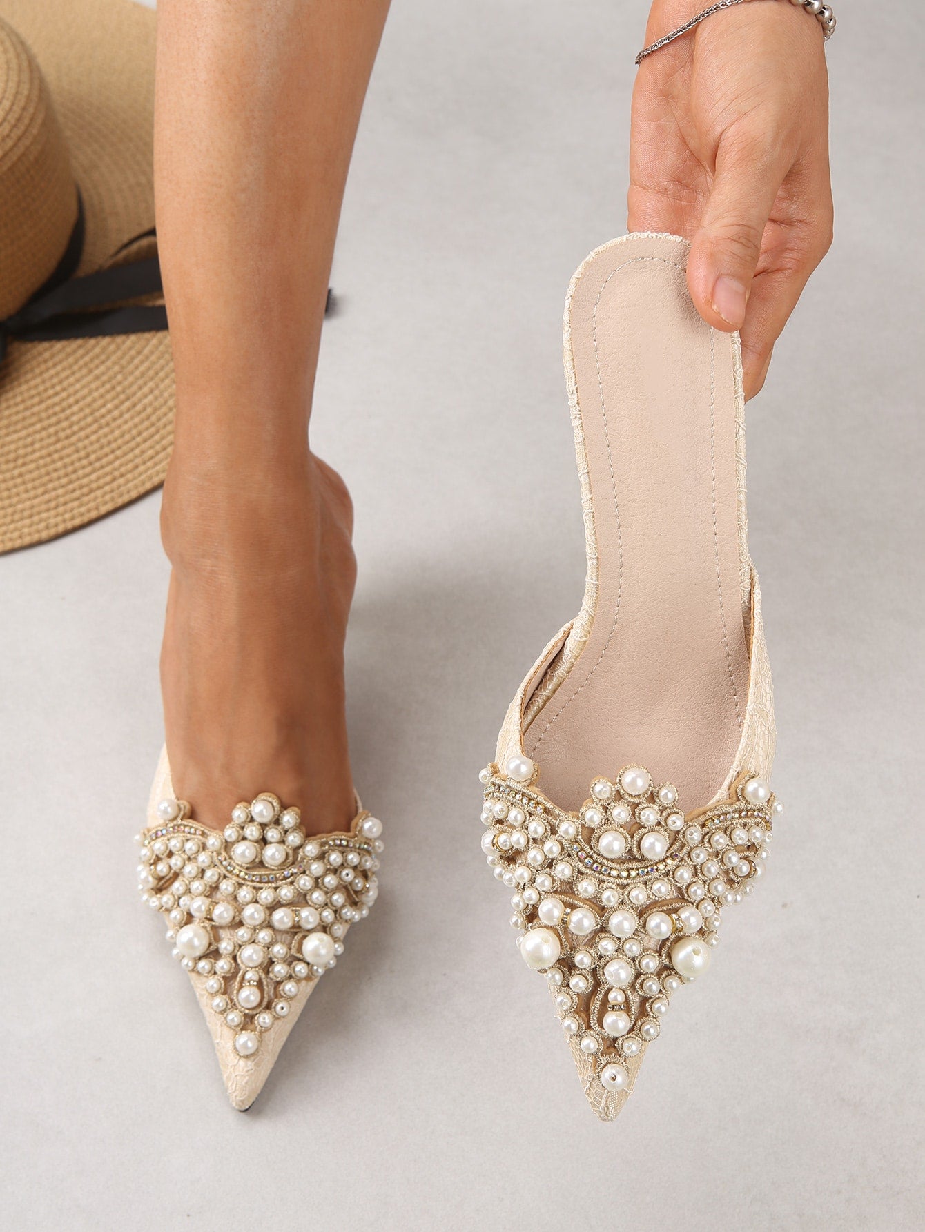 Women Faux Pearl Decor Stiletto Heeled Mules, Fashion Outdoor Pumps