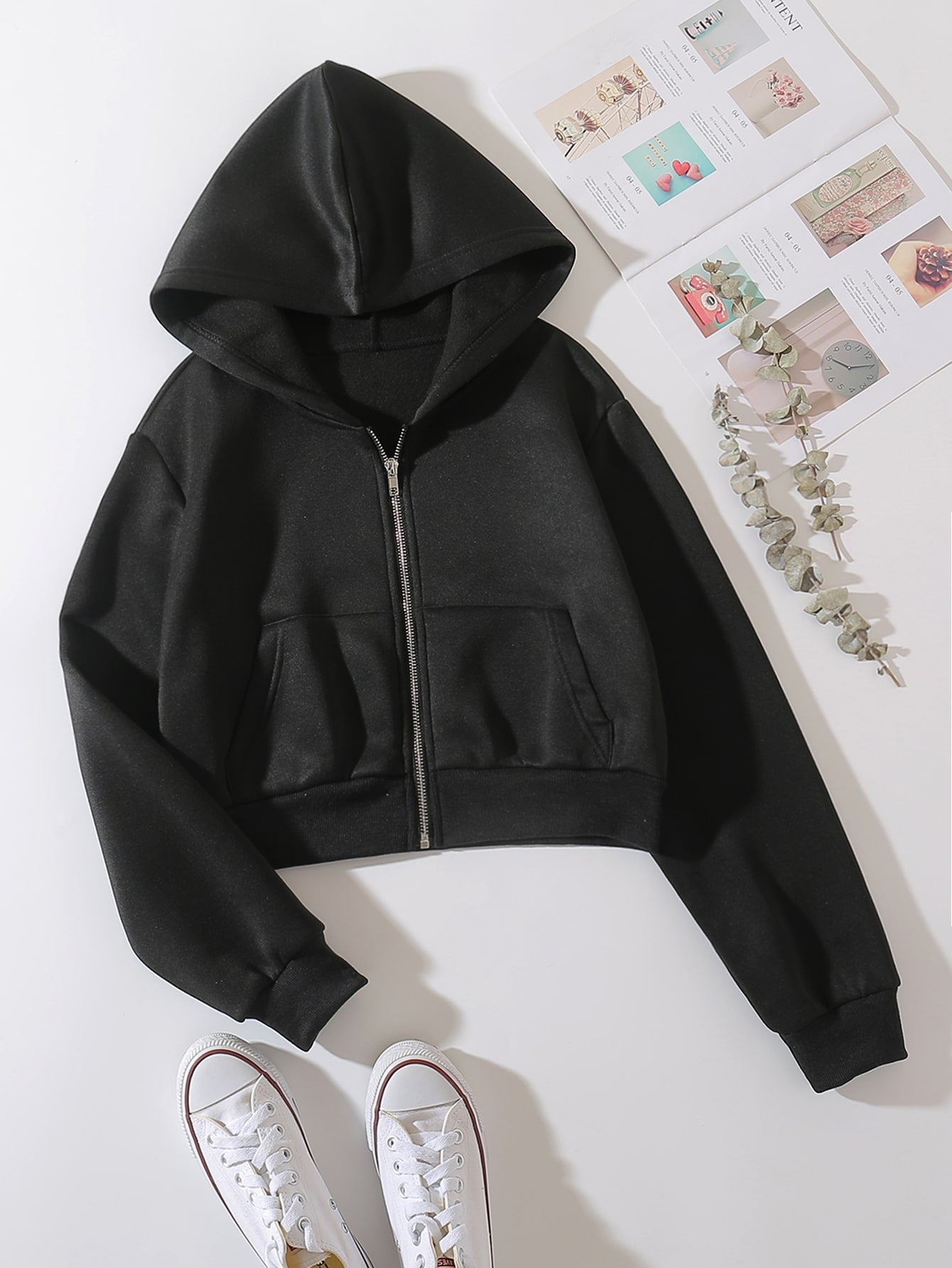 Solid Zip Up Drop Shoulder Thermal Lined Crop Hoodie