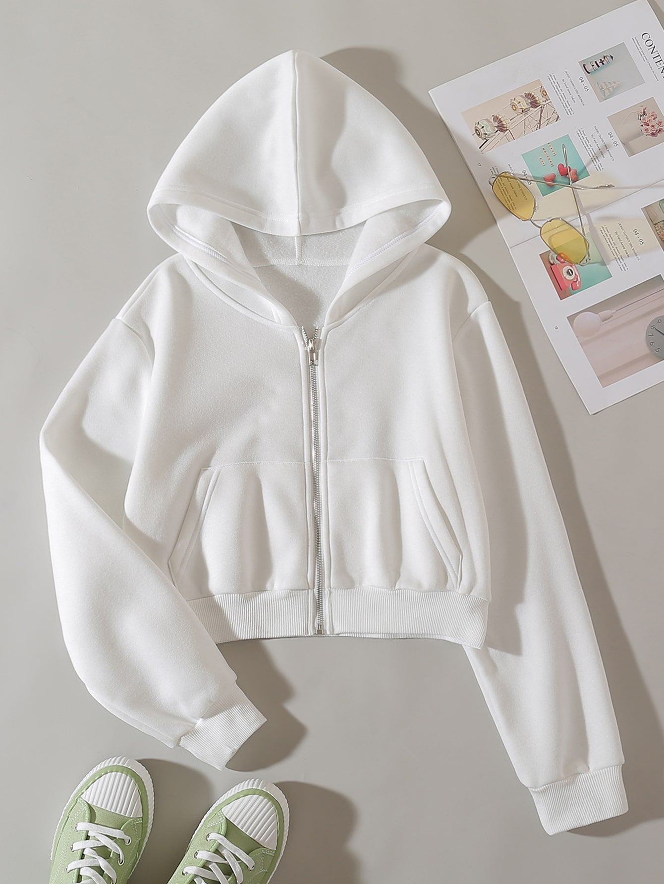 Solid Zip Up Drop Shoulder Thermal Lined Crop Hoodie