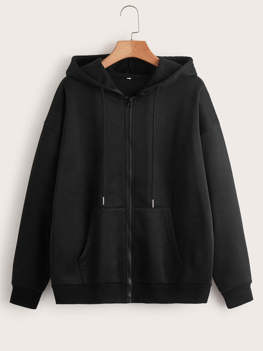 Solid Zip Up Drawstring Thermal Lined Hoodie